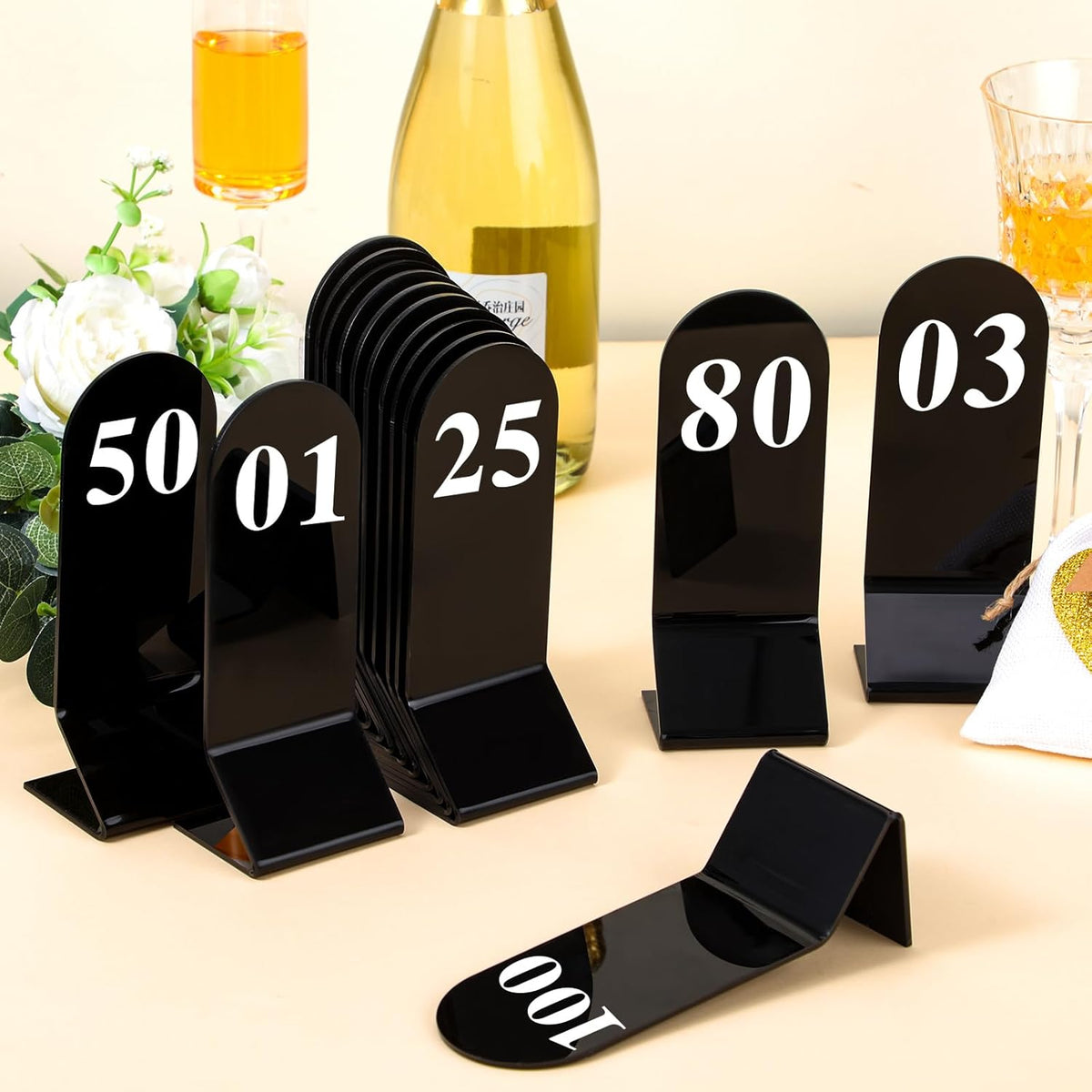Geetery 100 Pcs Acrylic Table Numbers 1-100 Double Sided Table Number Cards Wedding Table Number Stands Restaurant Table Tent Table Number Signs for Party Banquets Supplies, 2.36 x 6.3 Inch(Black)