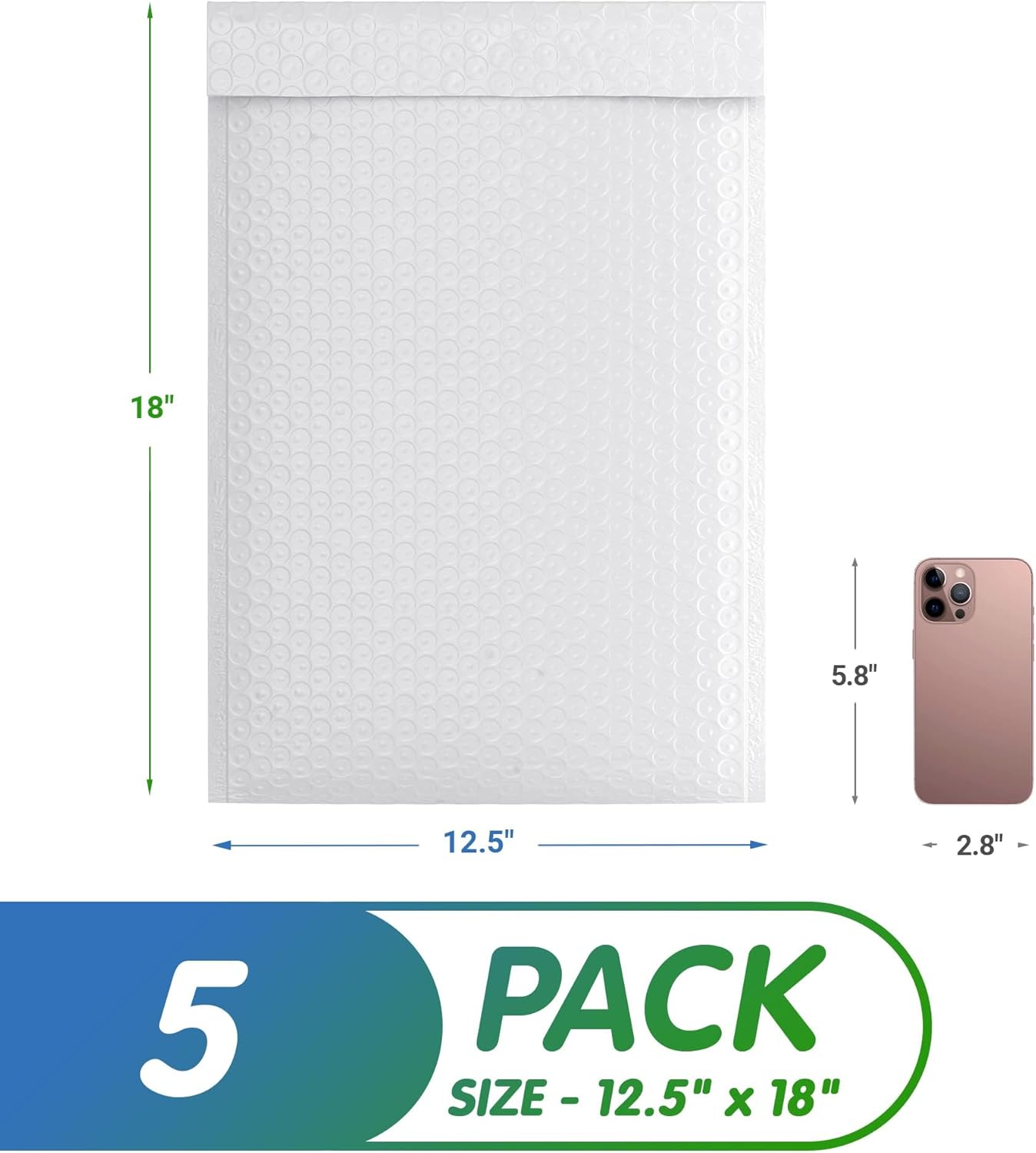 White Poly Bubble Mailers Self Seal, 12.5 x 18 Inch. Pack of 5 Bubble Packaging Envelopes for Shipping. Durable Padded Envelopes Waterproof. Self Seal Padded Mailers. Shipping Packages