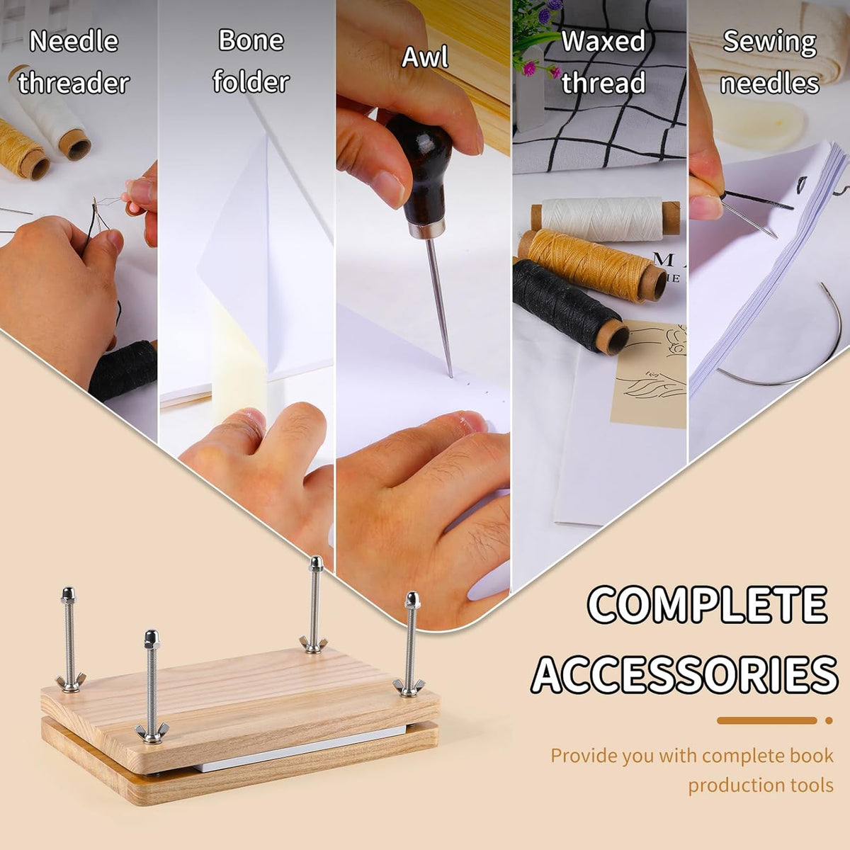 JUPEAN Book Binding Kits, Bookbinding Supplies, Bookbinding Kit for Beginners Bone Folder Tool with Paper Awl Waxed Thread Book Press for DIY 7.9”x11.6”