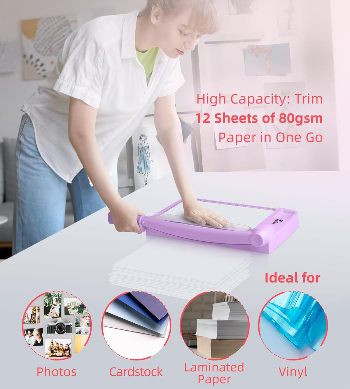 Firbon 12" Guillotine Paper Cutter, Heavy Duty 12-Sheet Capacity Trimmer for Cardstock, Photos, Scrapbooking, Office, Classroom, Studio (Purple)