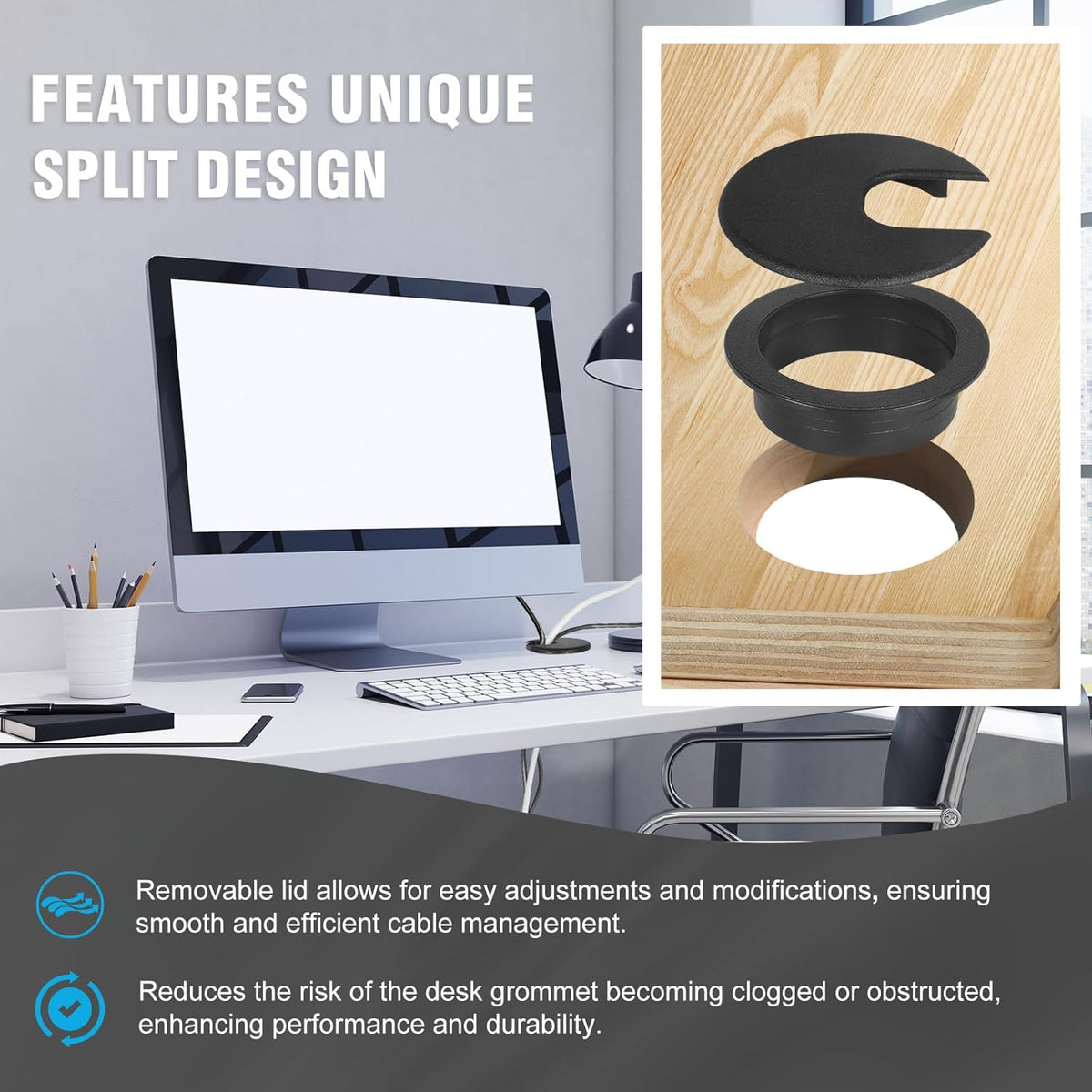 2" Black Desk Grommet with Bi-Metal Hole Saw, JTemgle Plastic Cable Hole Cover Computer Table Cord Wire Organizer Caps, Desktop Cord Management for Home Office TV Stands Tabletops, 7 Pieces