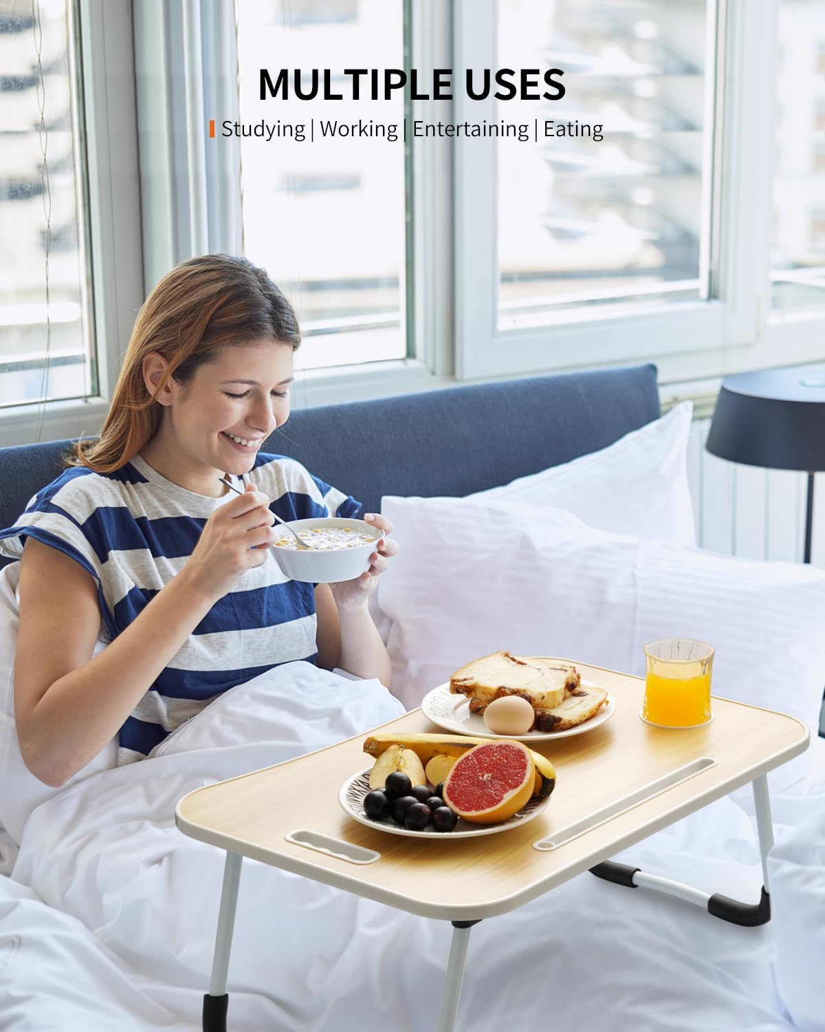 Foldable Laptop Table, Portable Lap Desk Bed Table Tray, Laptop Stand with Cup Holder & Tablet Slot & Lifting Handle for Working Writing Drawing & Eating (Wood)