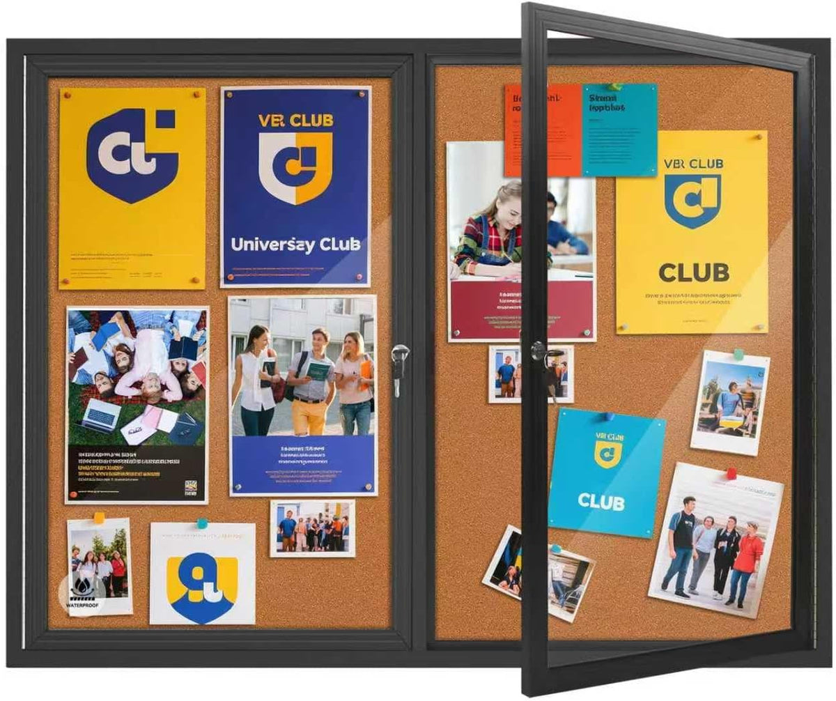 Lockable Outdoor Enclosed Bulletin Board,Weatherproof Cork Noticeboard with Locking Door, Wall-Mounted Aluminum Frame Display Case for Office, Home, School (Black Frame | Cork Surface, 44x32 inch)