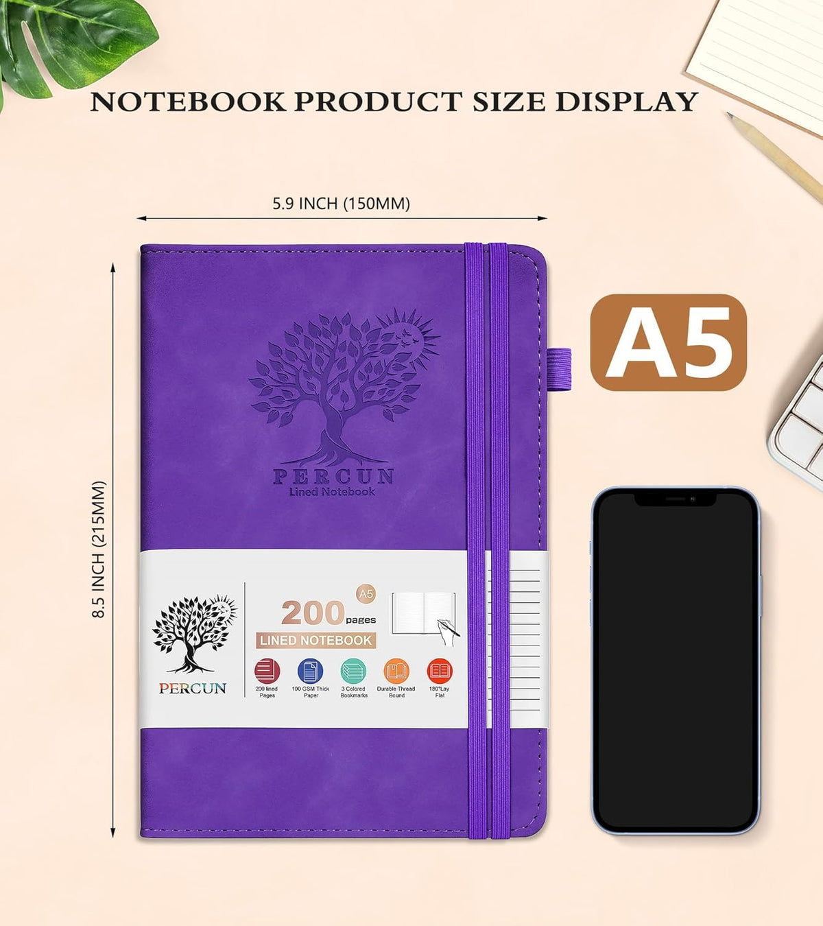 Lined Journal Notebook for Men & Women,200 Pages A5 Hardcover Leather Notebook (5.9"x8.5"), Travel Journal for Work, School, Business Writing, Note Taking, Notepad Diary (Purple)