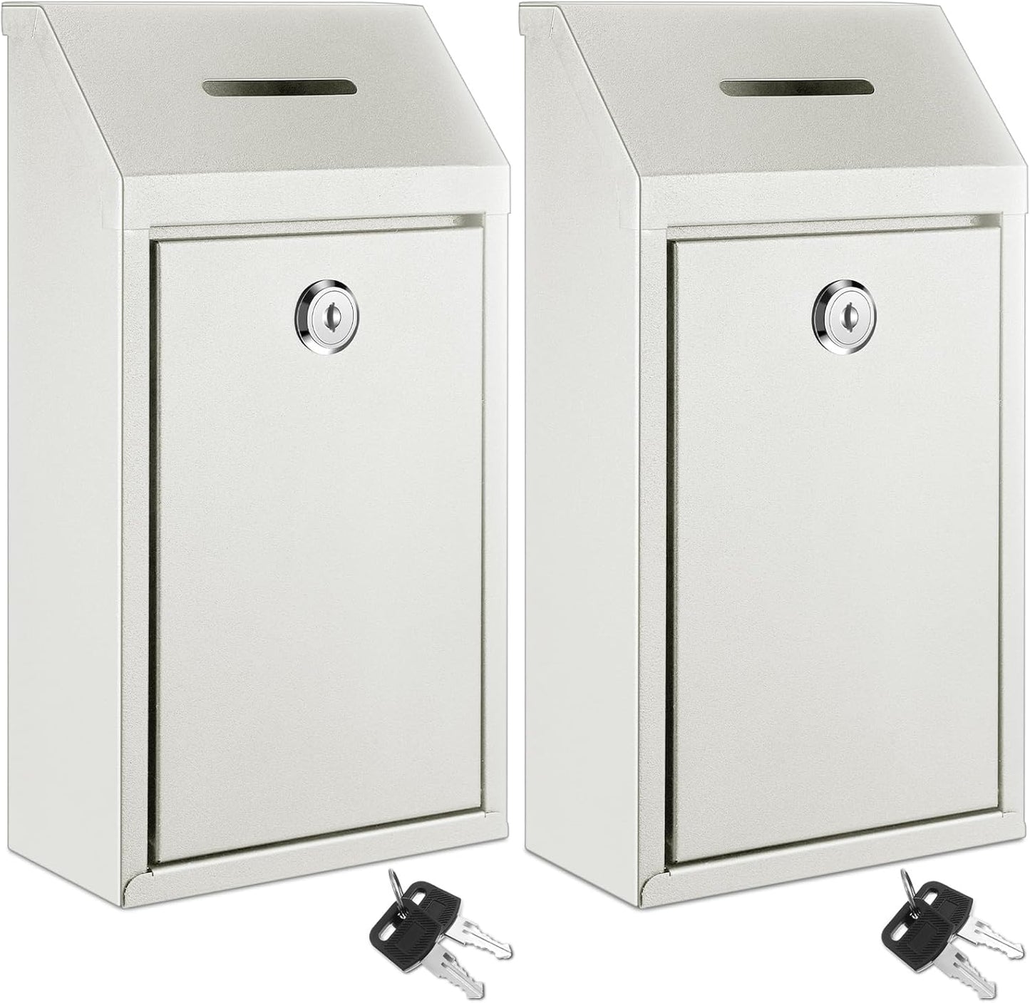 2 Pack Metal Suggestion Boxes with Lock Keys Ballot Donation Boxes with Slot for Fundraising Wall Mounted Mailbox Delivery Container for Home Office Outdoor Door, 10.2x5.7x2.95in(White)
