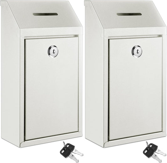 2 Pack Metal Suggestion Boxes with Lock Keys Ballot Donation Boxes with Slot for Fundraising Wall Mounted Mailbox Delivery Container for Home Office Outdoor Door, 10.2x5.7x2.95in(White)