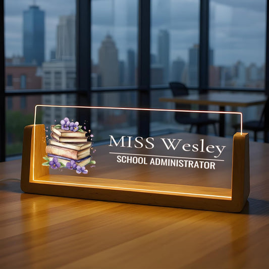 Custom Name Plate for Desk with Light Up Acrylic & Wooden Base - Personalized Office Sign for Teacher, Boss, Coworker - Employee Appreciation Gift for Educators Professionals