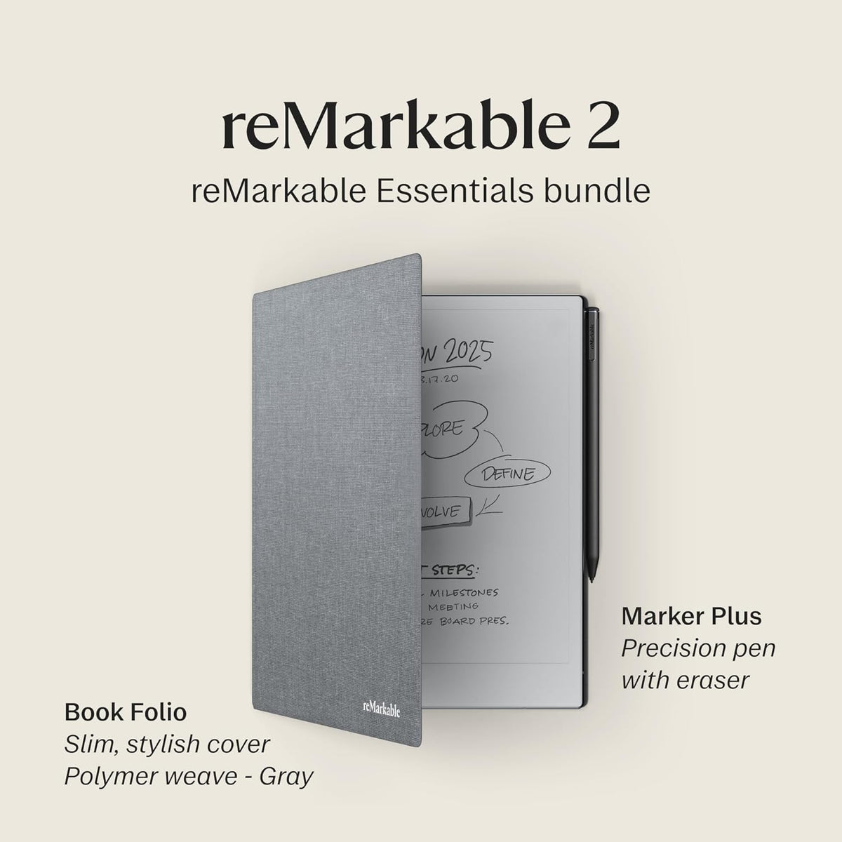 reMarkable Essentials Bundle – Gray | reMarkable 2 Paper Tablet | Includes Black and White 10.3” Writing Tablet, Marker Plus Pen with Eraser, Book Folio Cover in Gray Weave