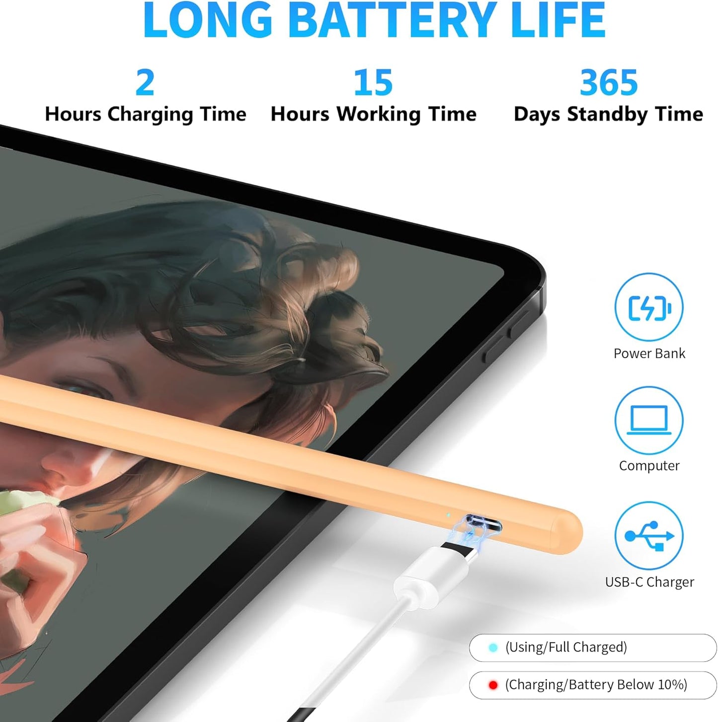 DRYMOKINI Stylus Pen for Touchscreen, Active Stylus Compatible for Android and iOS Tablet/Phones, Rechargeable Universal Stylist Pencil Compatible for A-pple/i-Pad/Phone Tablet, Peach Orange