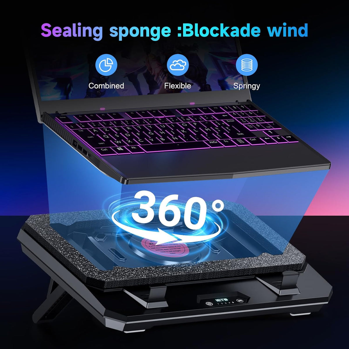 GT300 Upgraded Laptop Cooling Pad with Adjustable Stand, Turbo Boosted Cooler for Rapid Cooling 10-17inch Gaming Laptop, Flexible Sealing Ring，Featuring Air Filtration Adjustable clamp
