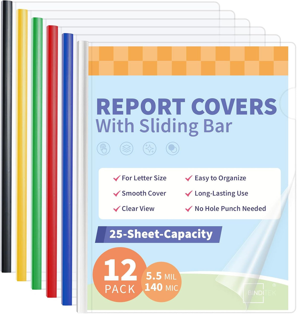 Binditek 12 Pack Clear Report Covers with Sliding Bars, 5mm Sliding Bar File Folder, 25 Sheet Capacity, Letter Size, Multi Color (White, Yellow, Red, Green, Navy, Black), Office Supplies