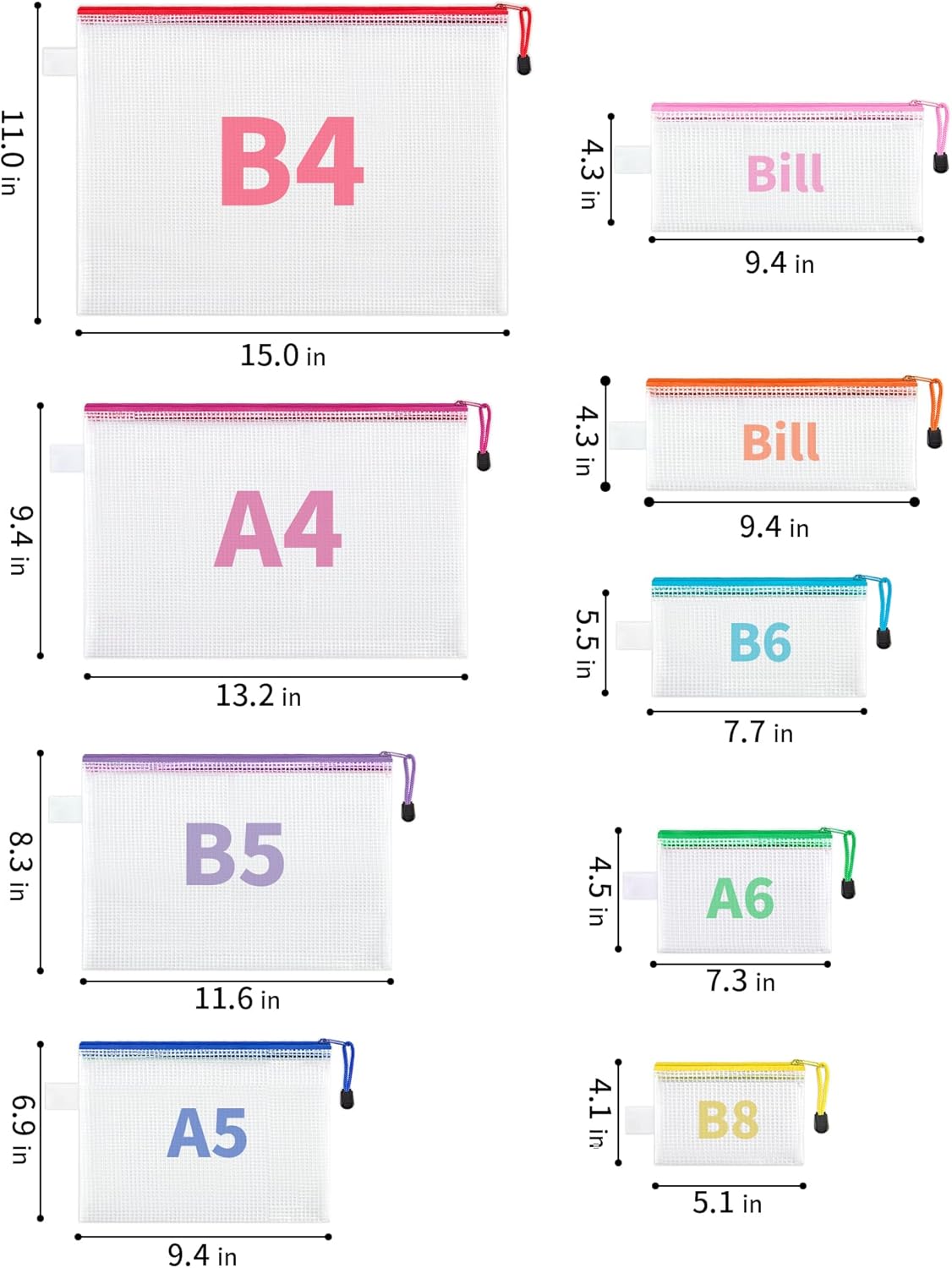 JARLINK 72 Pack 8 Sizes Mesh Pouch, 9 Colors, Waterproof Zipper File Bags Document Multipurpose Travel Bags for Office, School, Board Game, Puzzles, Cosmetics, Travel Accessories, and Home Organize