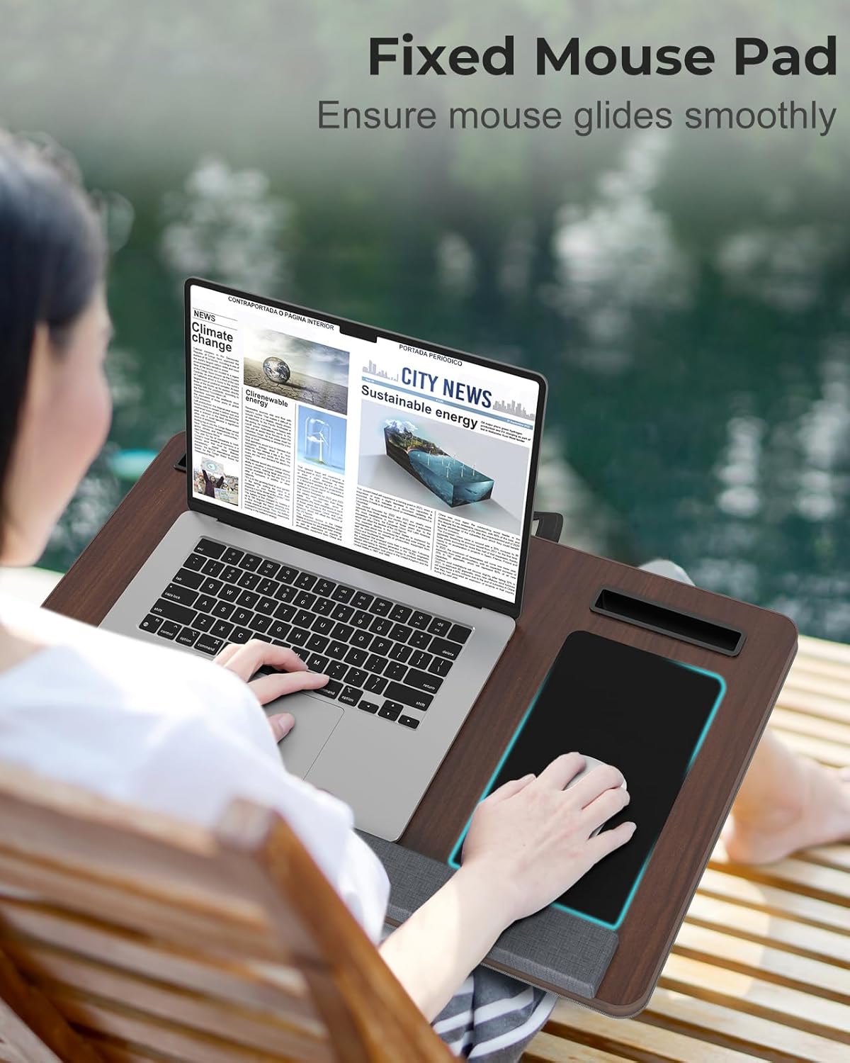 Lap Desk - Up to 17” Laptop Tray with Wrist Rest, Portable Handle, Fixed Mouse Pad, Tablet & Phone Slots, Laptop Lap Desk with Cushion (Dark Brown)