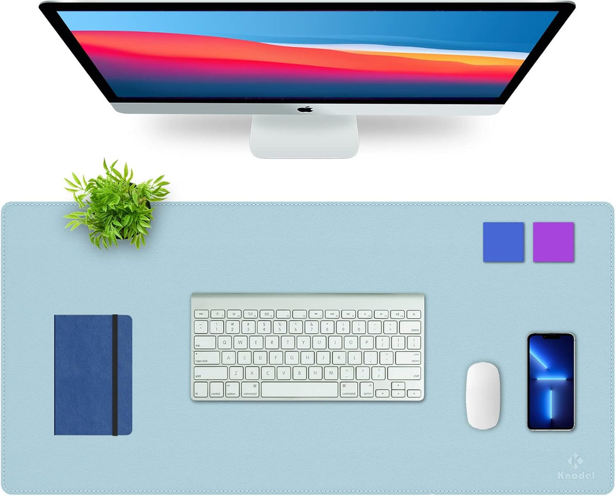 K KNODEL Desk Mat, Blotter, Dual-Sided Office Desk Pad, Waterproof Desk Mat for Desktop, Desk Blotters, PVC Leather Pad Protector (Light Blue, 35.4" x 17")