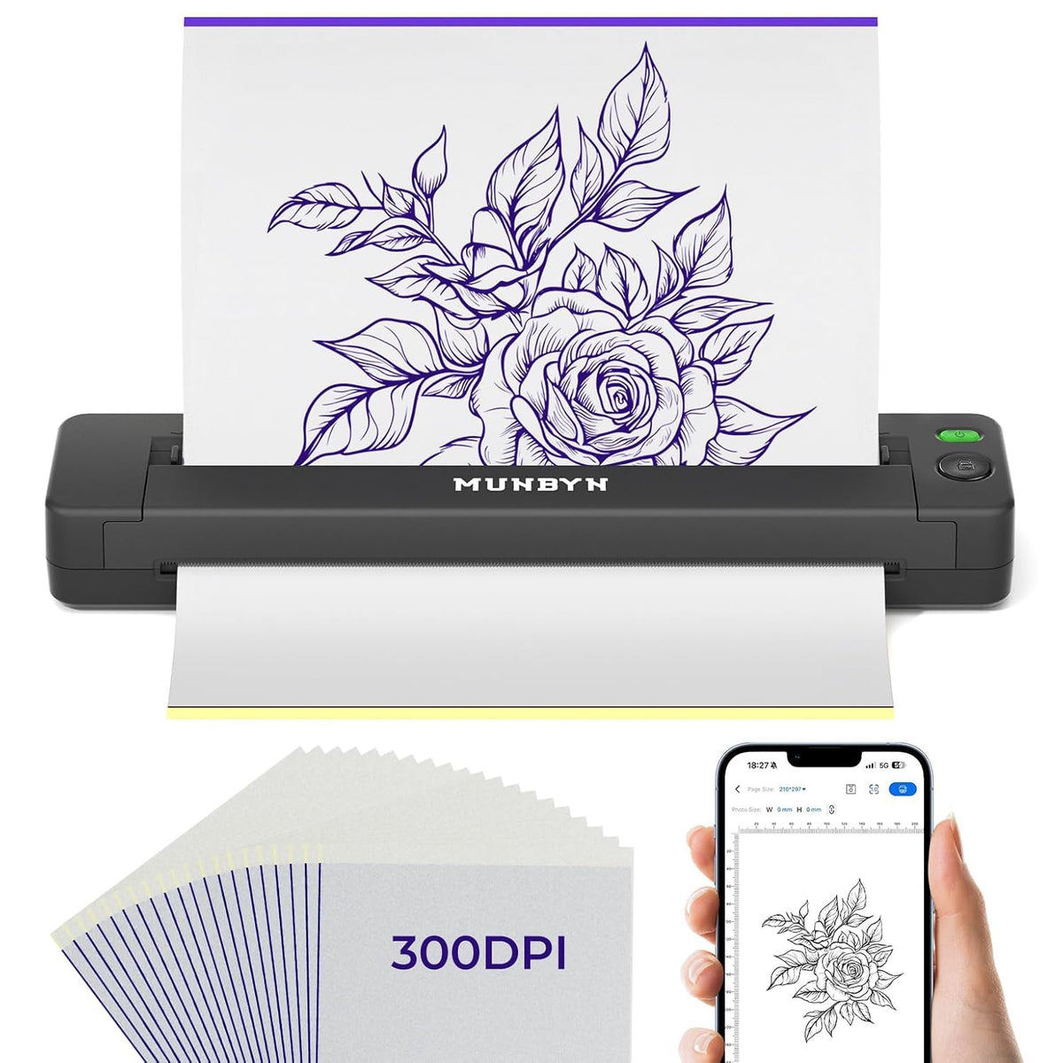 MUNBYN Tattoo Stencil Printer ITP06, 300DPI Wireless Thermal Tattoo Printer with 20 Transfer Papers, Tattoo Printers Compatible with Smartphone & PC for Tattoo Artists & Beginners