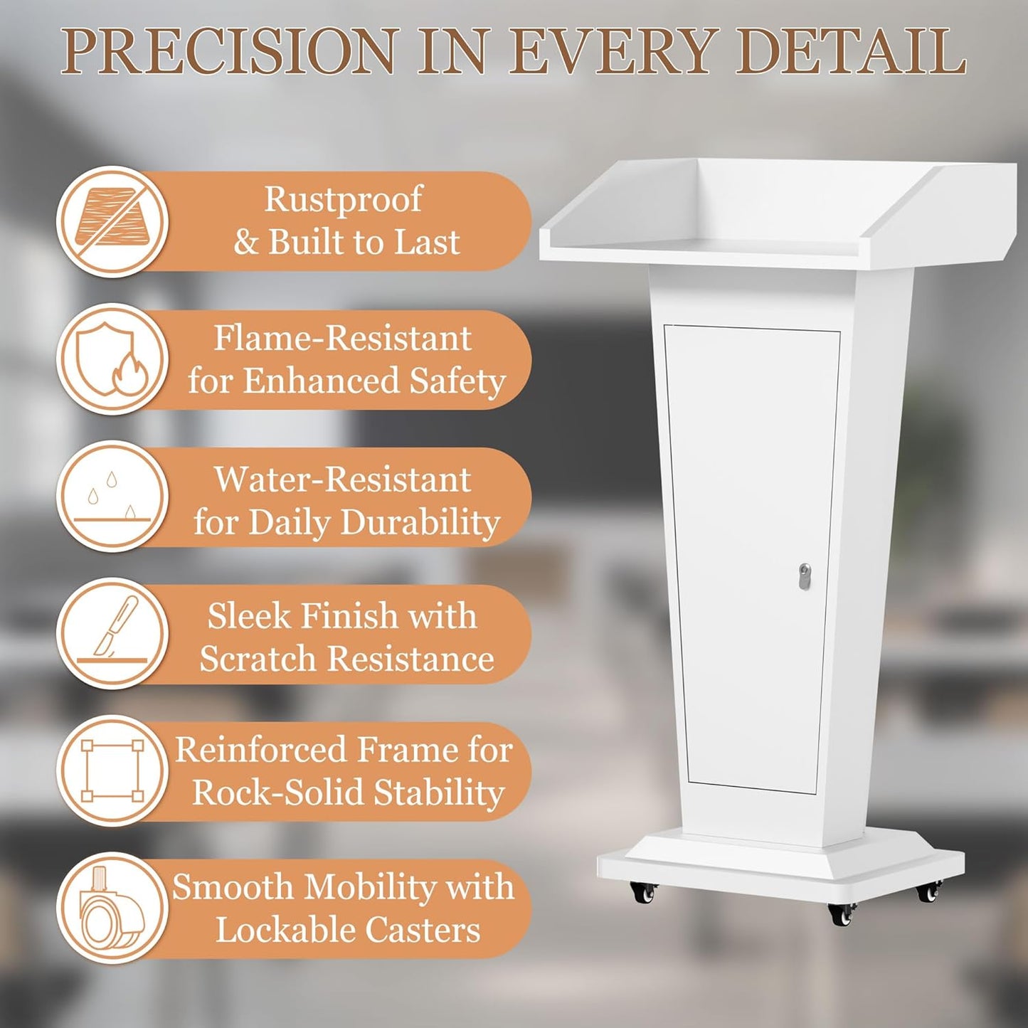 Podium Stand with 4 Locking Wheels, Heavy-Duty Metal Lectern for Church, School, Office, and Conference, Large Lockable Storage Cabinet, 43.7" H, White