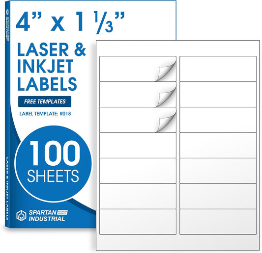 4" X 1 1/3" Matte White Printable Labels Compatible with Inkjet and Laser Printers - 100 Sheets, 1400 Total Paper Stickers for Addresses, Mailing, and Barcodes - Spartan Industrial