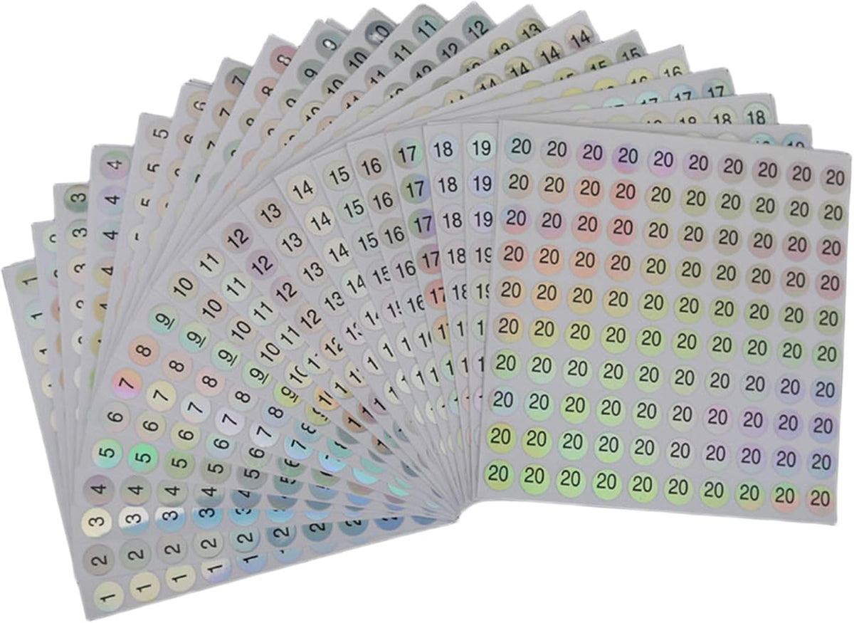 20 Sheets 1 to 20 Waterproof Reflective Laser Number Stickers,Round Self Adhesive Stickers/Inventory/Storage Organizing Sticker