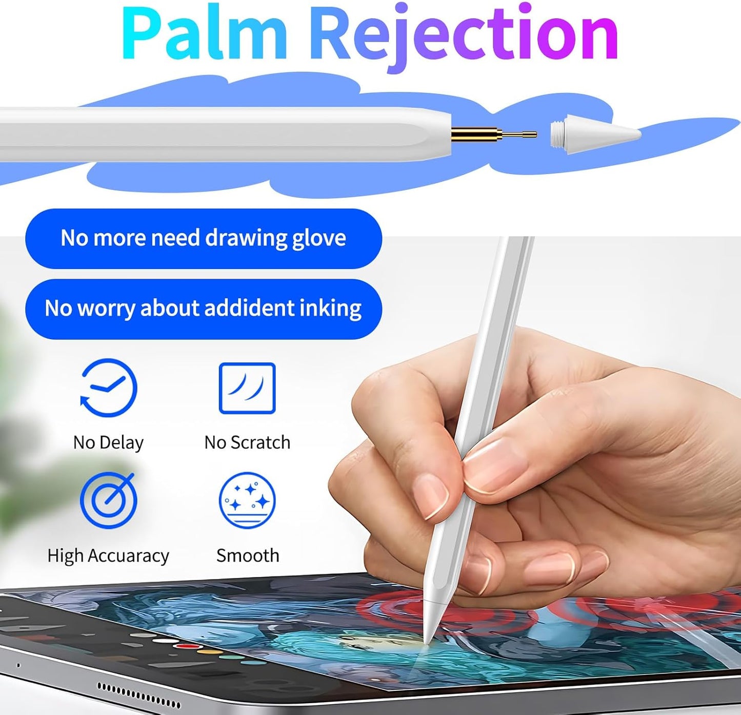Stylus Pen for iPad, Fast Charging Pencil with Palm Rejection, Tilt Sensitivity, Work for iPad 6/7/8/9/10, Pro 11"/12.9"/M4, Air 3/4/5/M2, iPad mini 5/6, White