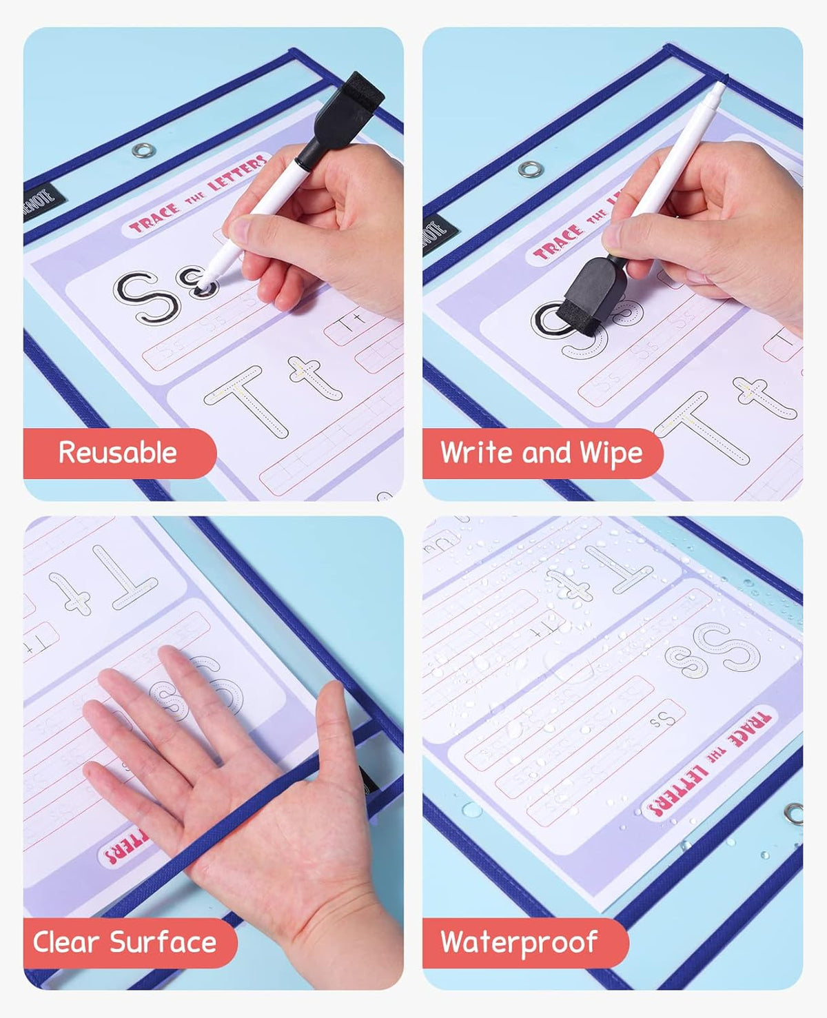 Gamenote Dry Erase Pockets 30 Pack with Rings - Oversized Reusable Plastic Sleeves Shop Ticket Holders Sheet Protectors Teacher Supplies for Classroom Organization (Blue)