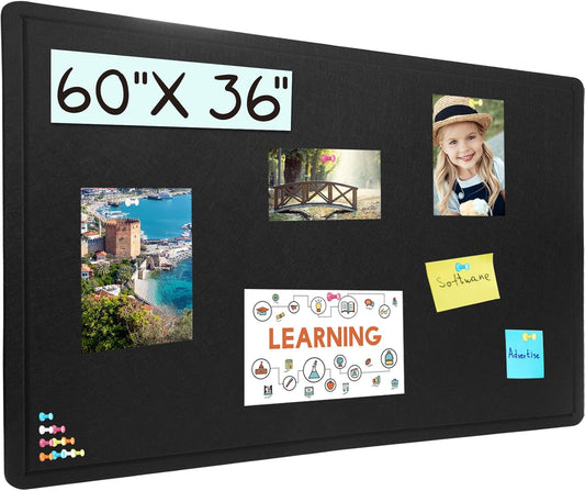 Large Bulletin Board - 60 X 36 inches Cork Board with 30 Pushpin, 5' x 3' Cork Board for Walls Pin Board, Self-Adhesive Felt Board Vision Board Foldable Photo Board for Wall - Black