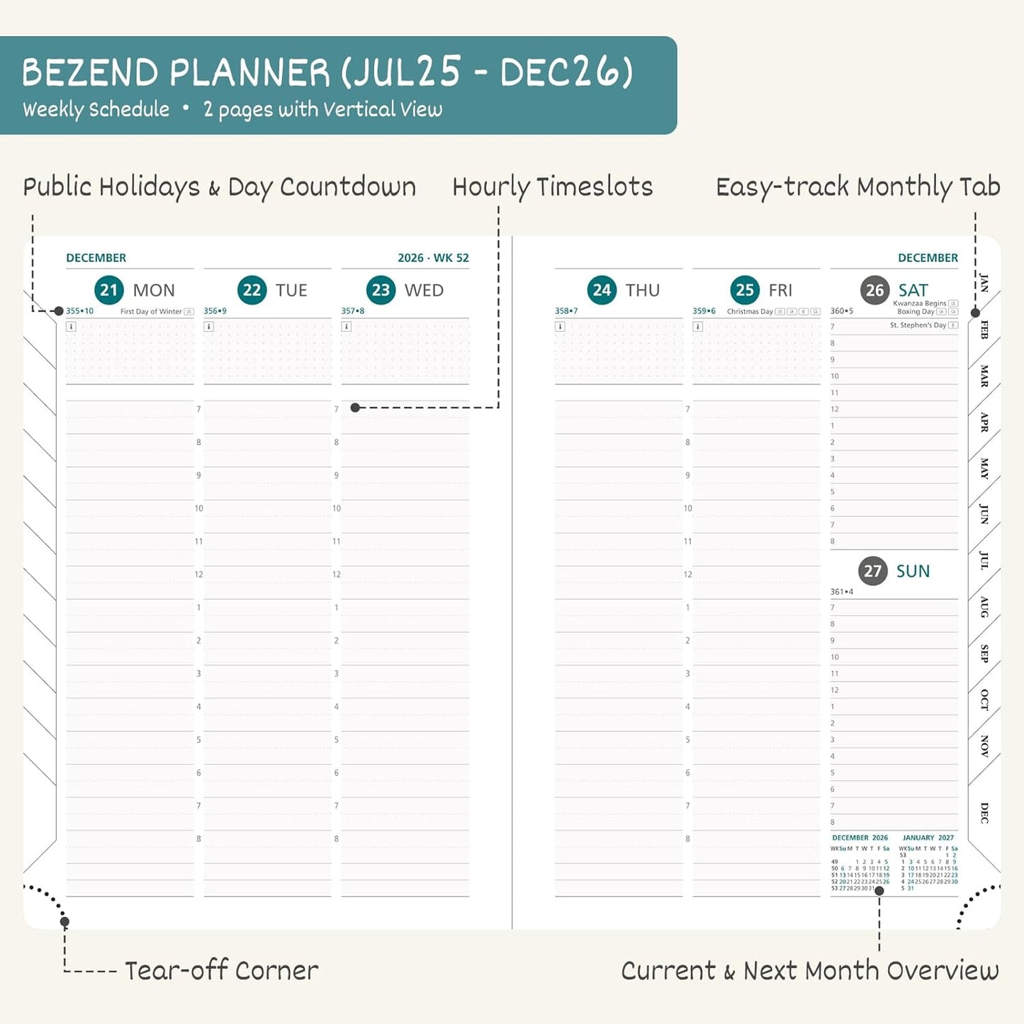 BEZEND Planner 2025-2026 Weekly and Monthly, 5.8" x 8.5" Academic Calendar (Jul 25-Dec 26) Vertical Daily Appointment with Hourly Timeslot & Monthly Tab, PU Leather Hardcover - Black