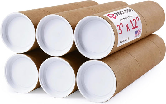 3" x 12" Reinforced Kraft Paper Mailing Tubes, Pack of 6 Tubes with 2 Caps Each – USPS Approved Poster Tube – Made in USA Cardboard Tube for Shipping and Storing Posters, Prints, Artwork, or Documents