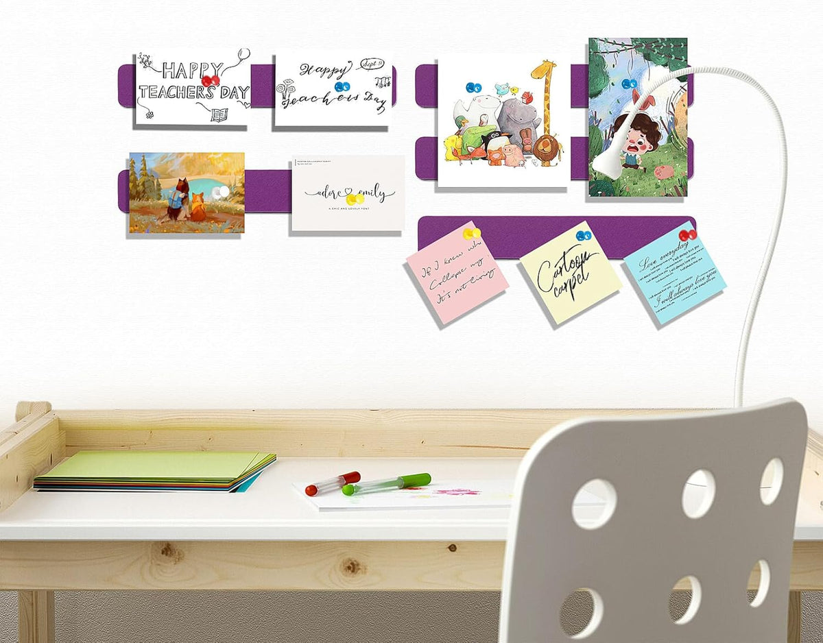 Felt Pin Board Bar Strips Bulletin Board for Bedrooms Offices Home Wall Decoration, Notice Board Self Adhesive Cork Board with 35 Push Pins for Paste Notes, Photos, Schedules (Purple)
