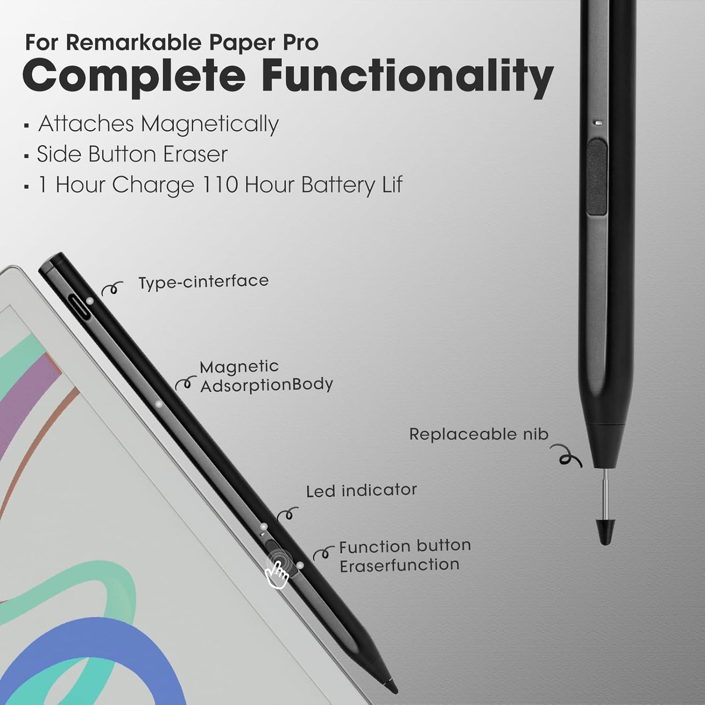 Stylus Pen for Remarkable Paper Pro with Eraser,Chargeable Magnetic Digital Replacement Pen for Remarkable Paper Pro Marker Plus,4096 Pressure for Fire Max 11 (2023 Release) & Amazon Fire HD 10, Black
