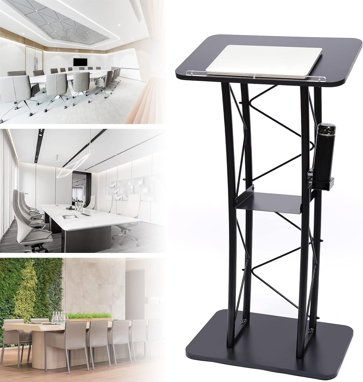 Metal Black Podium Conference Presentation Pulpit School Office Church Lectern,Curved Design Cup Holder Design, Wrought Paint Curved Podium, Schools, Churches, Meeting Rooms