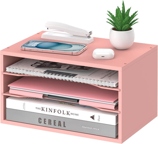 Wood Desk Organizer, 3 Tier Paper Tray Organizer for Desk with Adjustable Storage Shelves, Desktop Paper Sorter Mail Holder for Office Home Classroom, Pink