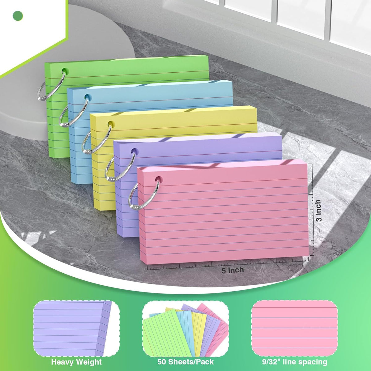 250 Count Colored Index Cards with Ring 3 x 5 Inch Heavyweight Ruled Index Cards, Flash Cards for School & Office Supplies and Home Organization, Durable Study To Do List Note Cards with Ruled Lines