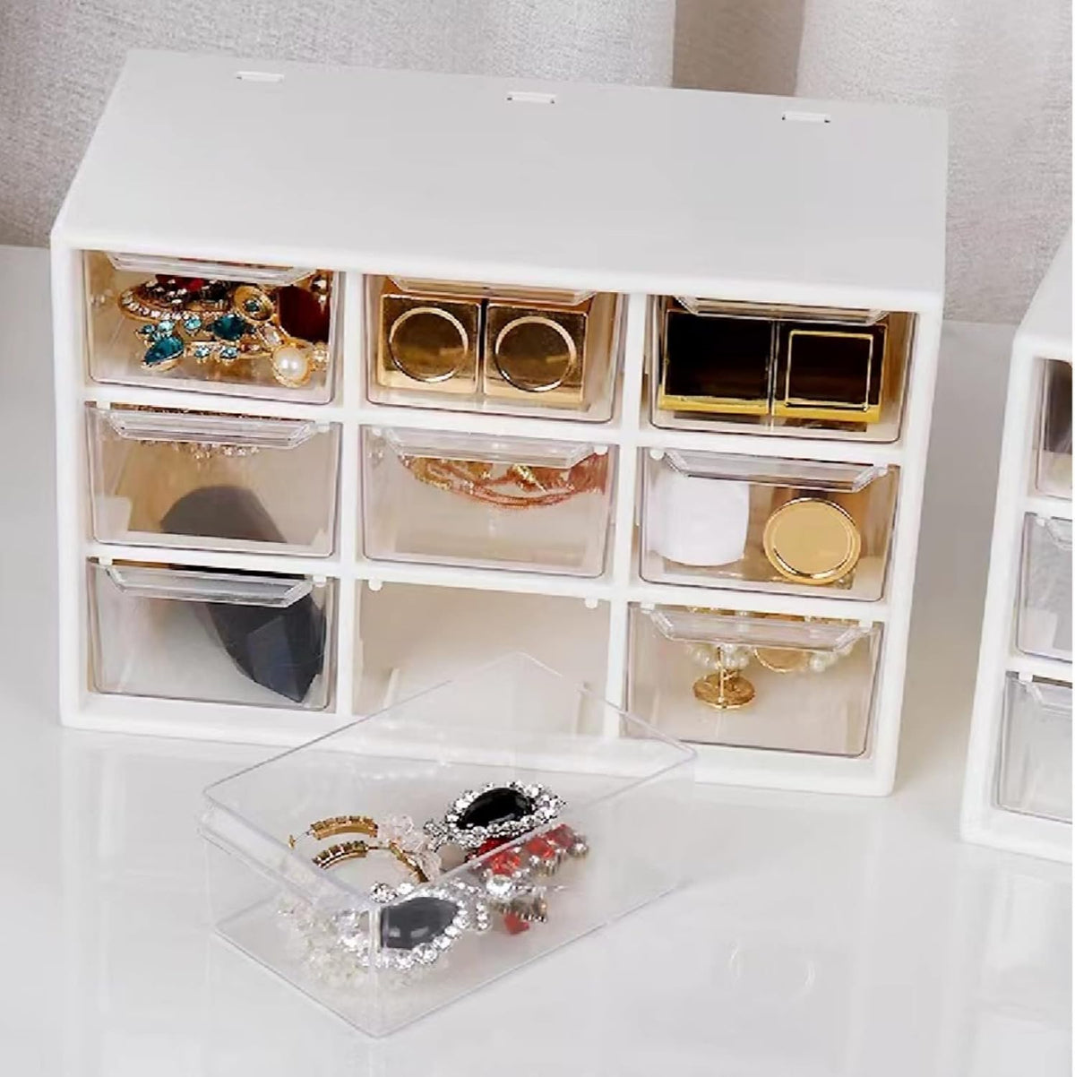 Feadily 4PCS Small Drawer Organizer for Desk, Desktop Drawer Organizer with 9 Clear Drawers, Plastic Desktop Storage Drawers 7.1 Inch x 3 .9 Inch x 4.7 Inch, White