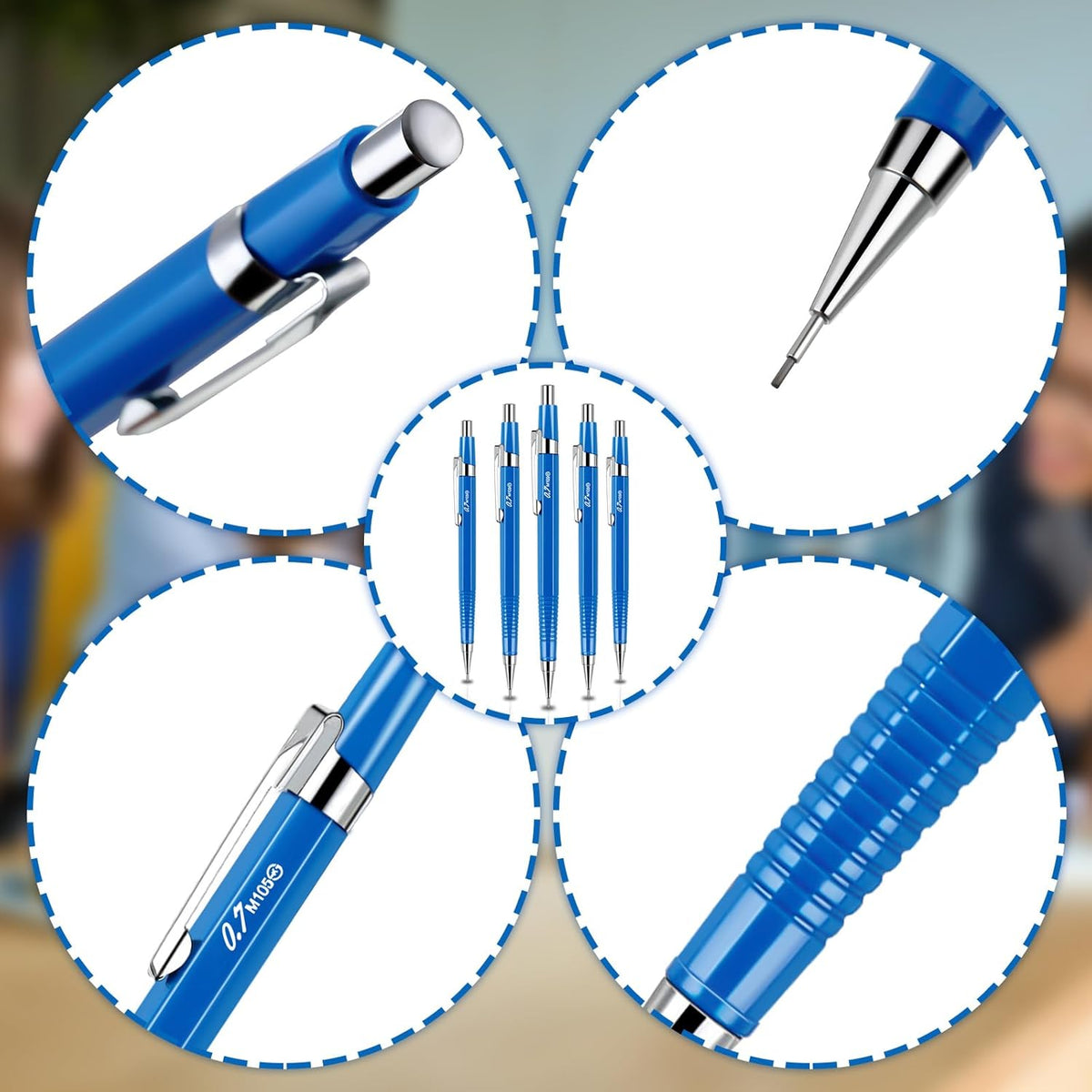 Gueevin 24 Pcs Mechanical Pencil Metal Penpoint Mechanical Pencil Retractable Automatic Drafting Pencils Refills for Writing Drawing Signature (0.7mm,Blue)