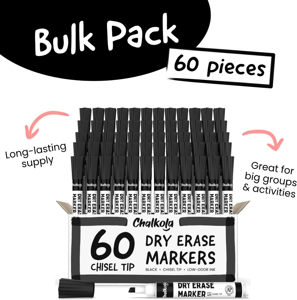 Chalkola 60 Black Dry Erase Markers Bulk Pack, Black Chisel Point White Board Marker Dry Erase Pens - Low Odor Whiteboard Markers for Kids, Home, Office, Back to School Supplies