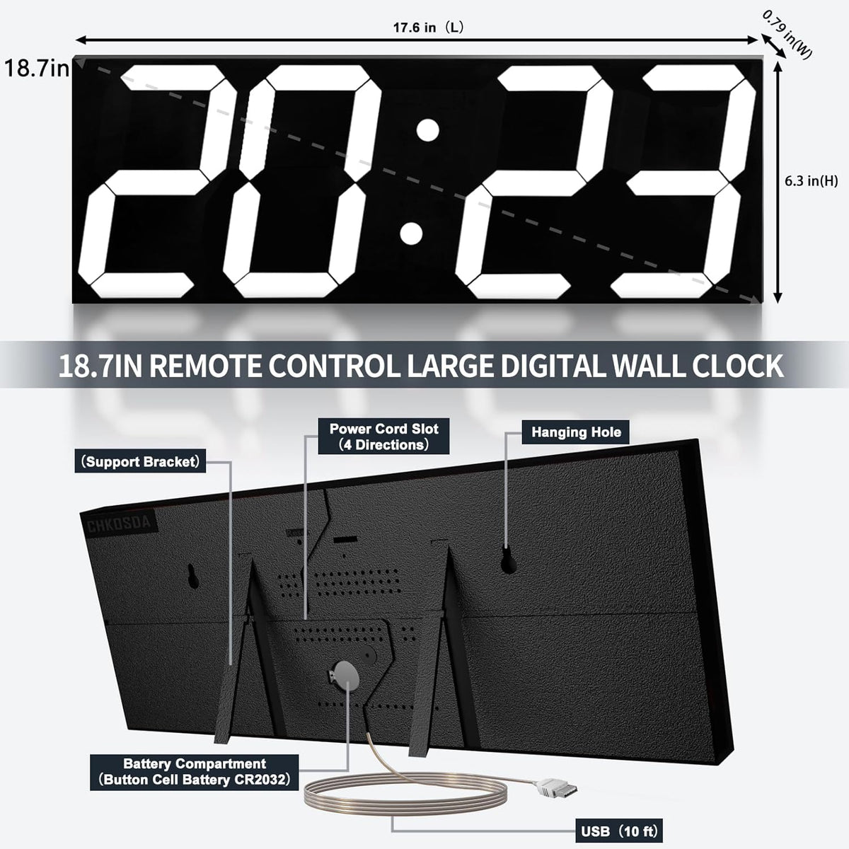 18.7in Large Digital Wall Clock,LED Digital Clock with Big Number,Multi-Function Remote Controlled Wall Clock with Timer, Alarm and Calendar Display(White)