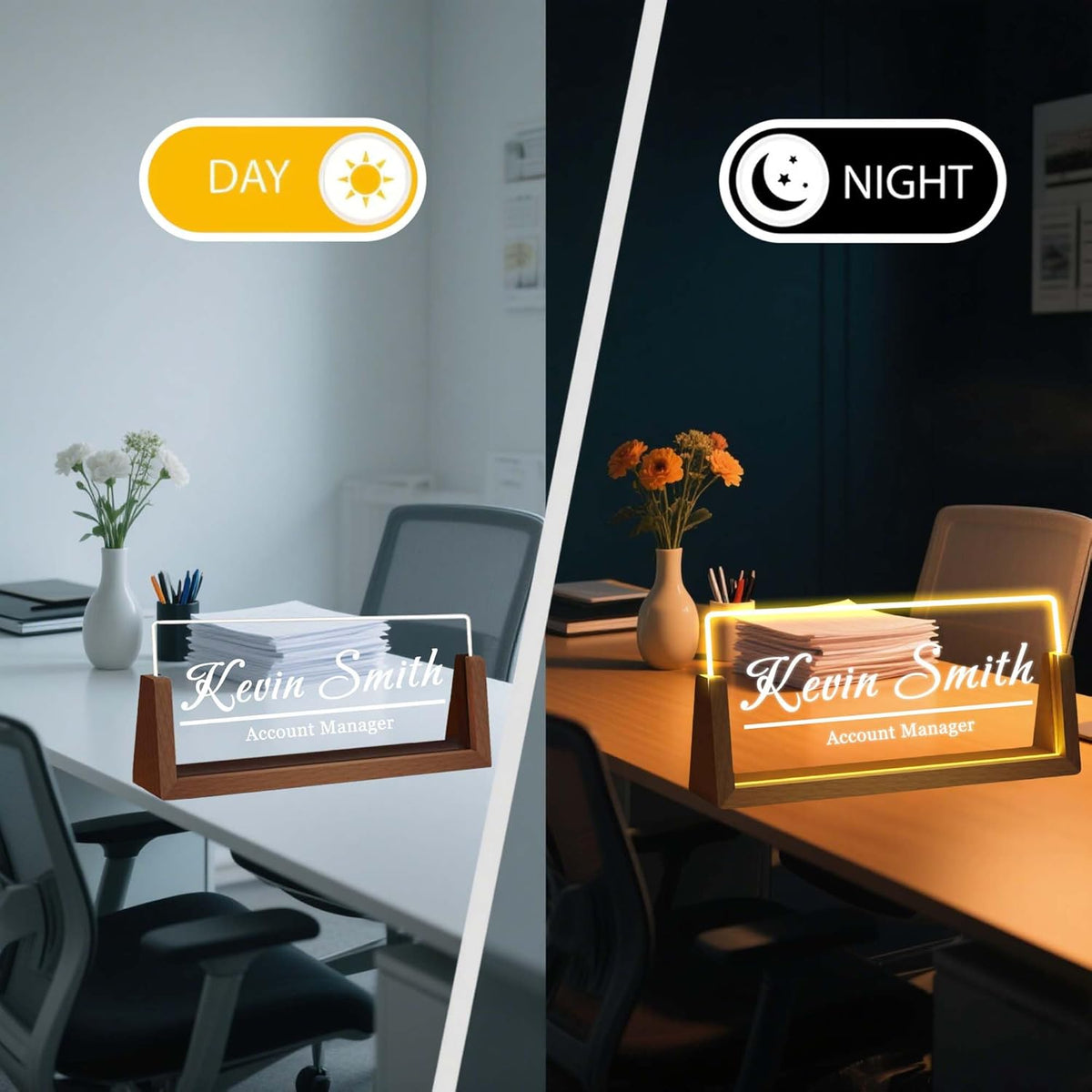 Personalized Desk Name Plate with LED Light & Wooden Base, Custom Acrylic Name Sign | Custom Office Decor & Appreciation Gifts for Boss Coworkers, New Job Promotion Gift (Style 5)