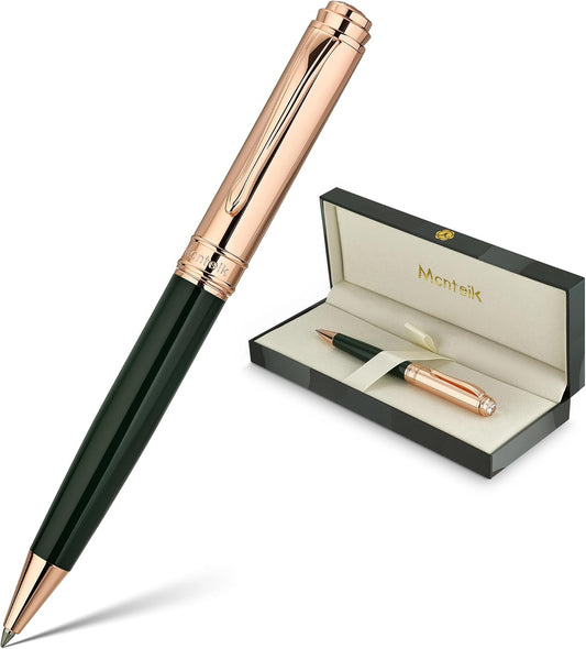 Luxury Gel Pen, Top Set With 8mm Brilliant Diamond,Dark Green Pen Body,Attractive Rose Real Gold Finish, Black Refill,Elegant Gift Pen For Women, Executive, Fancy, Graduation, Nice Pens