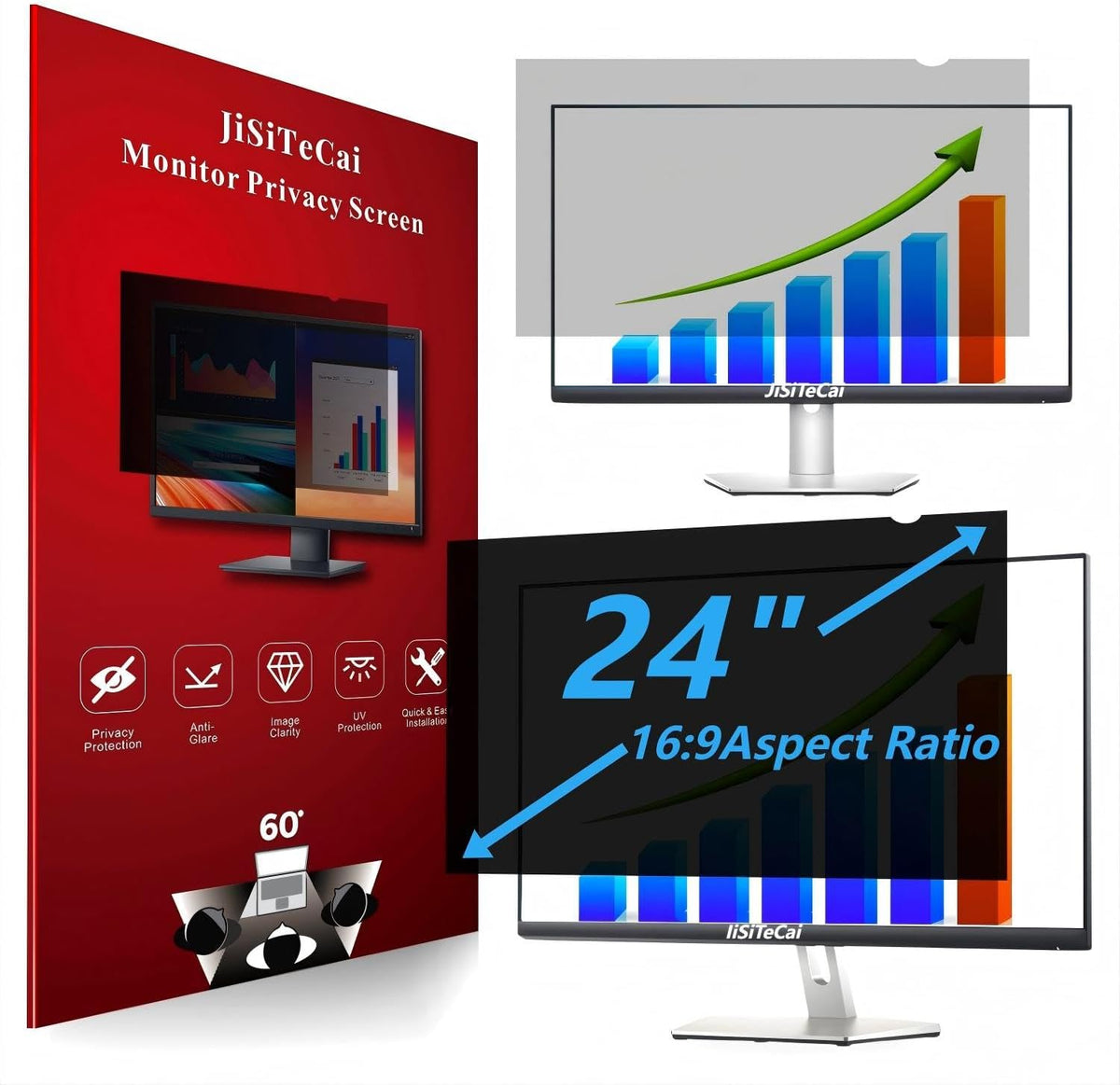 24 Inch Computer Privacy Screen Filter for 16:9 Widescreen Monitor, Removable Eye Protection Anti Glare Blue Light Filter Privacy Shield, Anti Spy Screen Protector Film 24 In