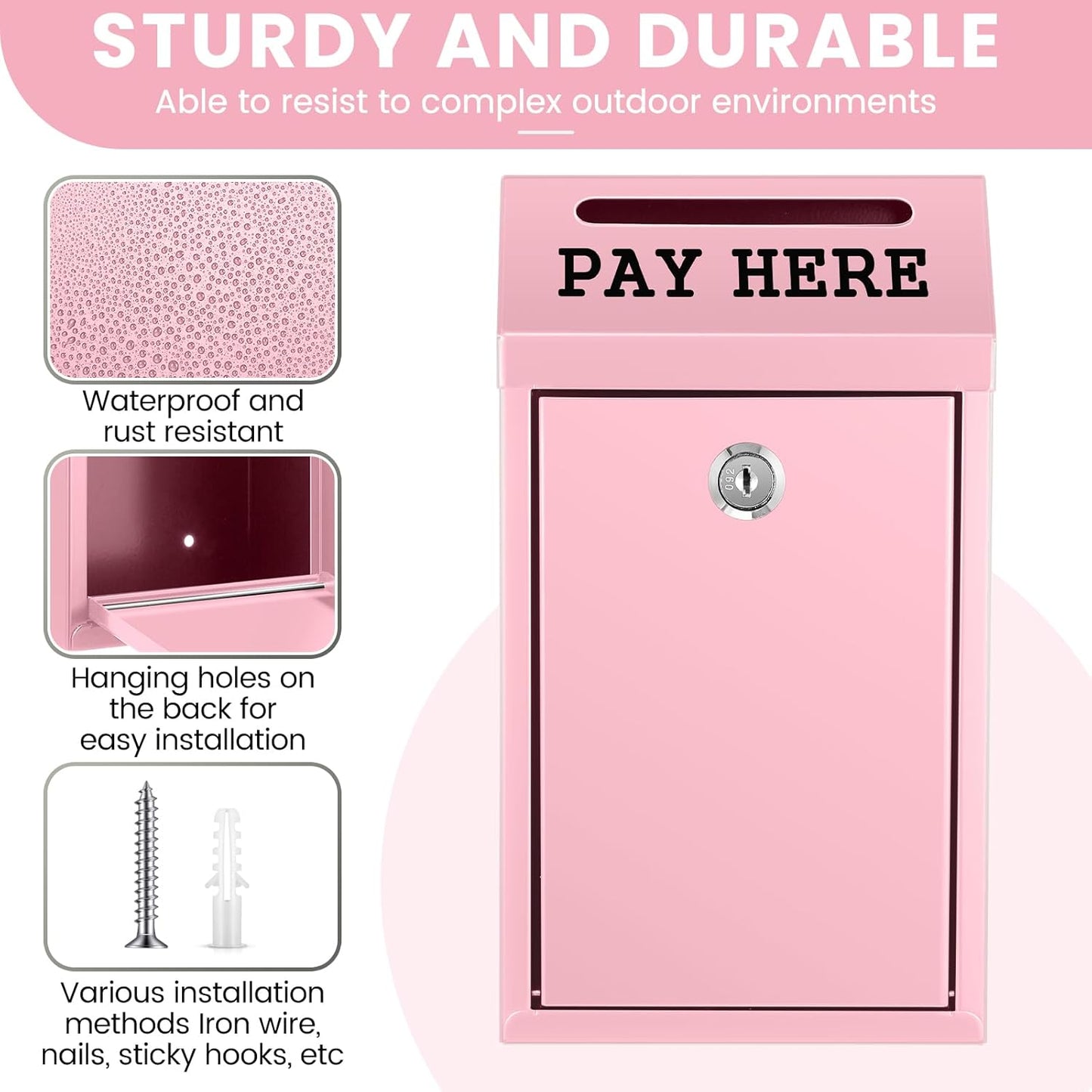 Safe Cash Box Money Collection Metal Donation Box with Lock Wall Mount Pre Drilled Mailbox Delivery Ballot for Home Office Outdoor Self Serve Stand(Pink,10.2 x 5.7 x 2.8 Inch)