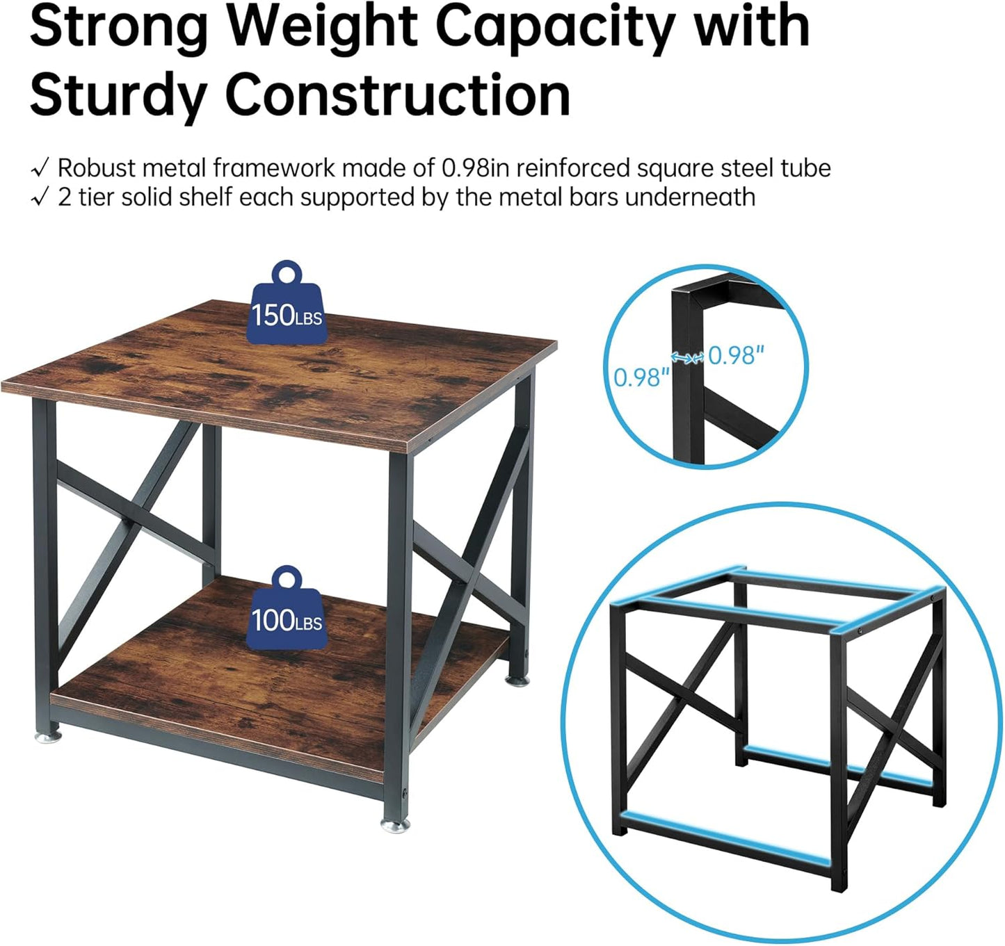 Large Printer Stand, 23.6 x 23.6 x 22.6 Inches Square Printer Table with Storage Shelf, 2 Tier Rolling Printer Cart with Industrial Wheels for Home Office - Rustic Brown