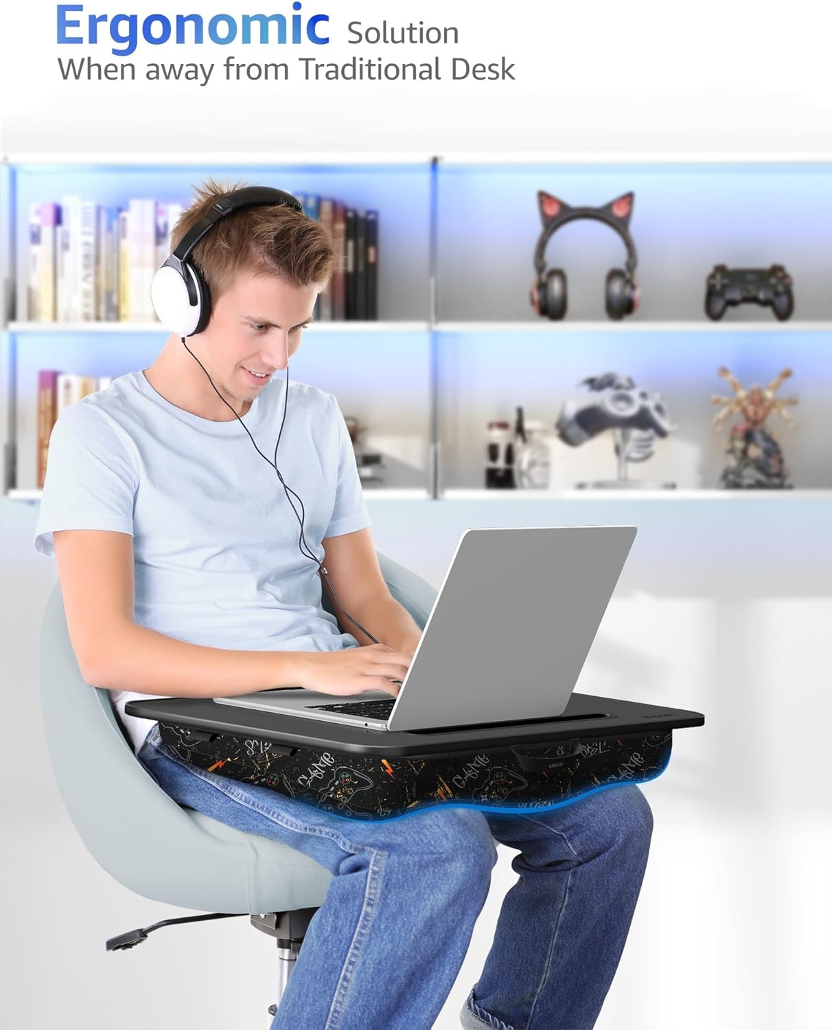 Lap Desk - Portable Laptop Stand & Desk, Fits Up to 17.3 in, Washable Cushion, Built-in Phone Holder & Mouse Pad - Gaming, Eating, Writing, Working on Bed, Couch,Floor - L.DOCTOR(Large, Joysticks)