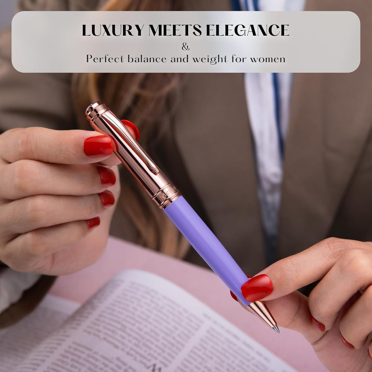 Luxury Gel Pen, Top Set With 8mm Brilliant Diamond,Stylish Purple Pen Body,Attractive Rose Real Gold Finish, Black Ink Refill,Elegant Gift Pen For Women, Unique, Fancy, Office Pens