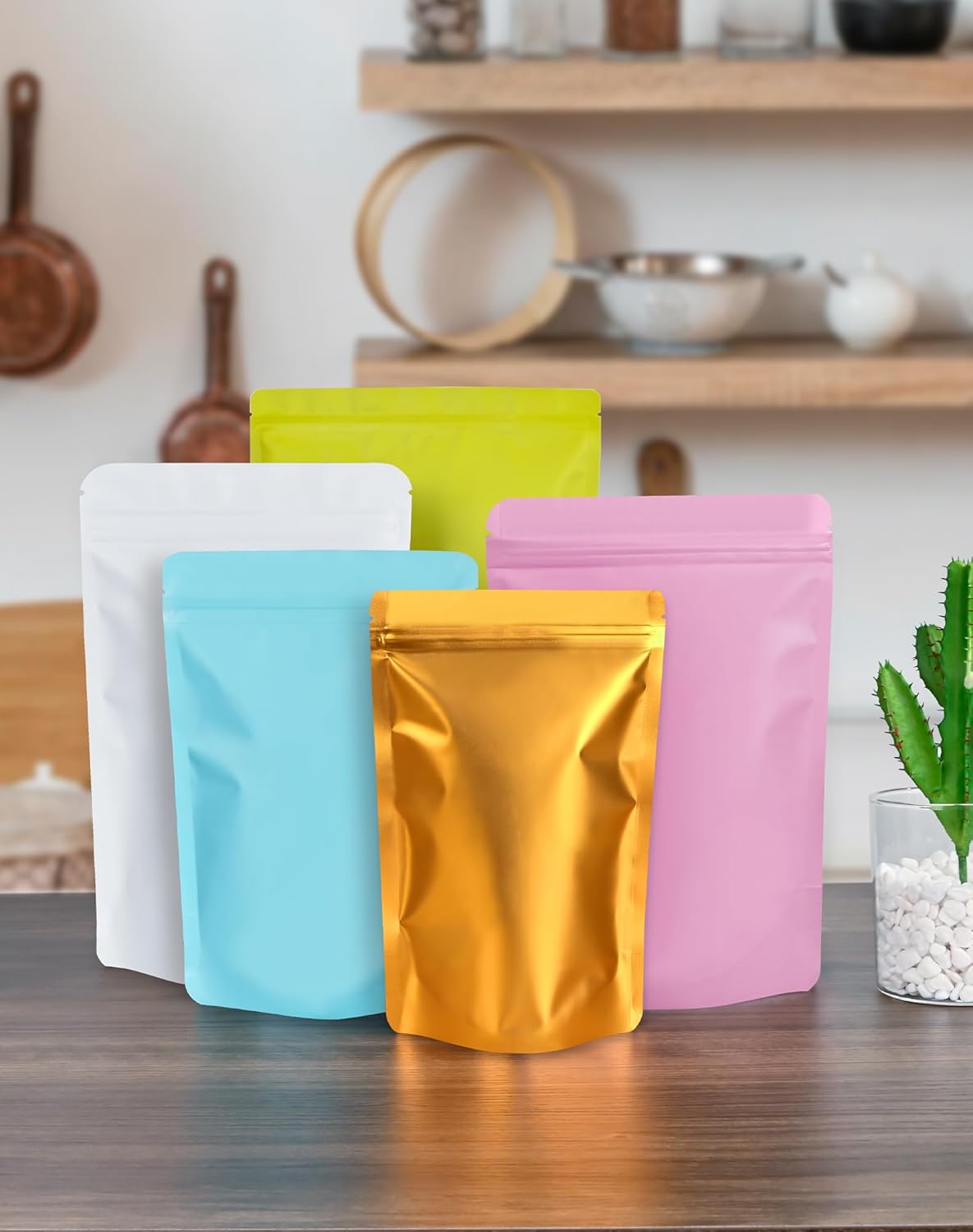 100 Pack Resealable Stand Up Bags, 4.7" x 7.9" Smell Proof Pouch Sealable Foil Pouch Bags for Packaging (Pink)