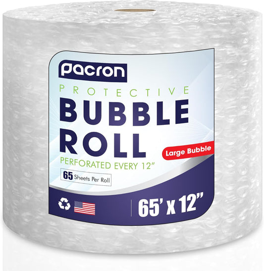 Protective Bubble Roll Wrap - 65FTx12IN Clear, 1/2" Dense Large Bubble Cushioning for Fragile Items, Dish Packing & Packaging Supplies Shipping & Storage - Perforated Every 12IN