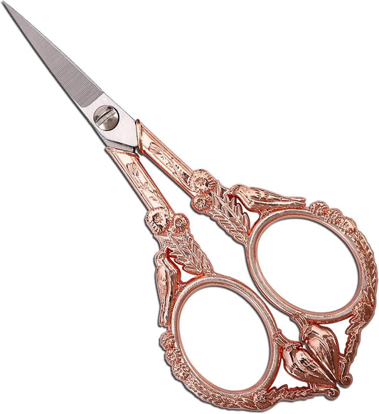 Sewing Embroidery Scissors – Small Vintage Sharp Pointed Tip Shears for Craft, Artwork, Handicraft DIY Tool, 4.6in Rose Gold Bird Style