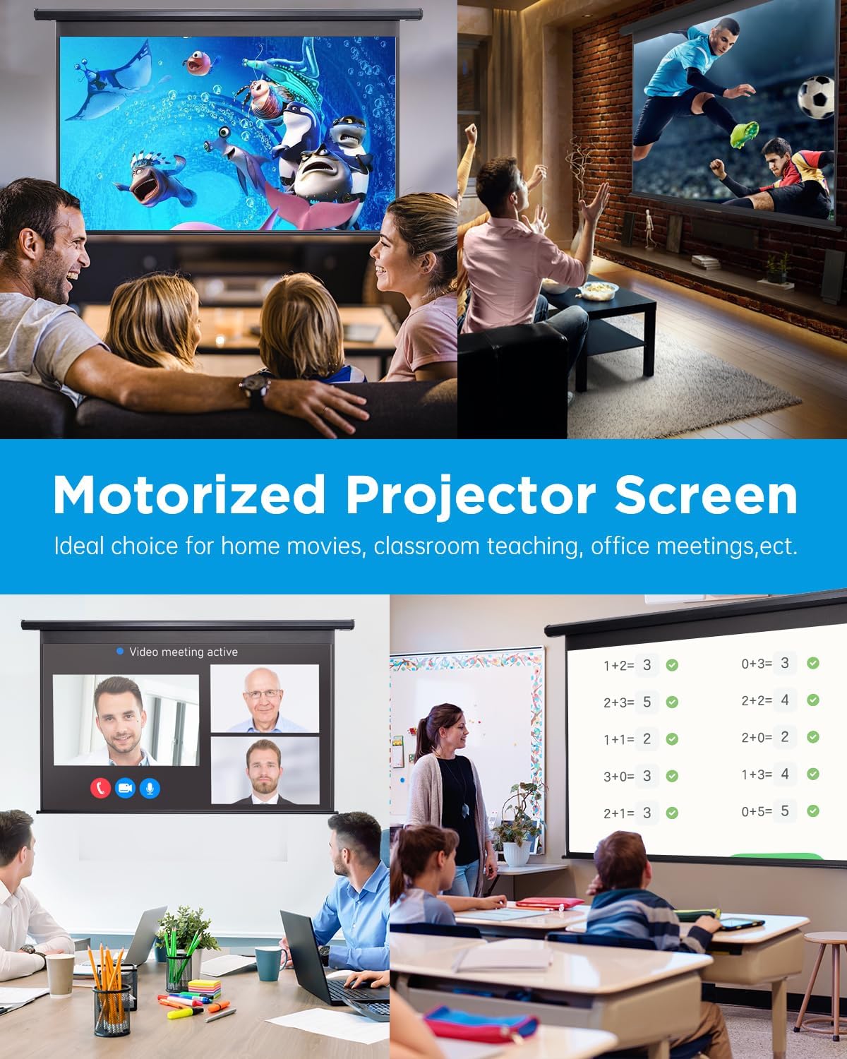 Motorized Projector Screen Pull Down 120 Inch Automatic Projector Screen with Remote Control and Ceiling Mount Hooks, Electric Projection Screen Retractable Black Movie Screen 4:3 Outdoor Indoor