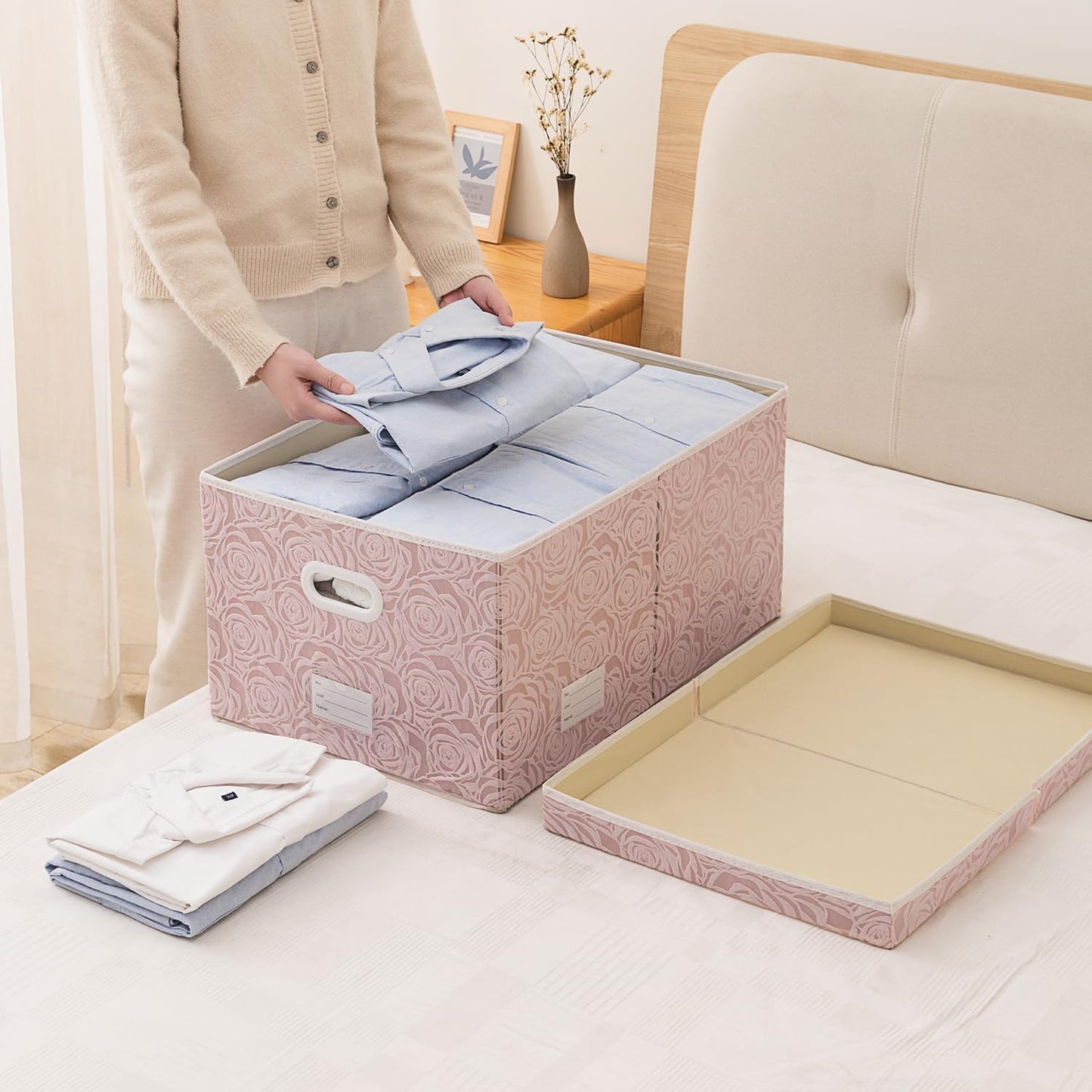 PRANDOM Jumbo Collapsible Storage Boxes with Lids Fabric Decorative Storage Bins Cubes Organizer Baskets with Cover Handles Divider for Bedroom Closet Living Room 23.2x15.7x11.6 Inch 3 Pack