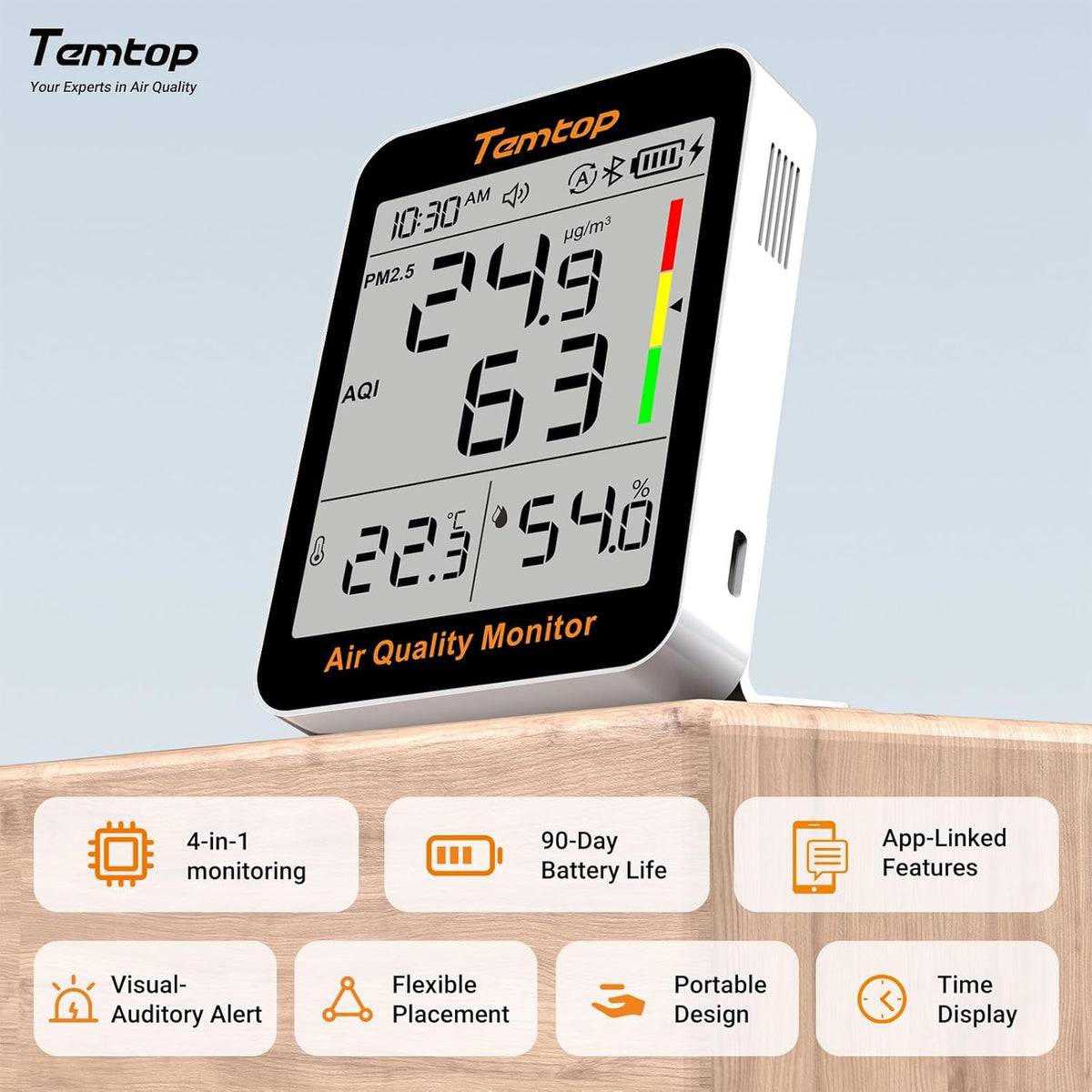 Temtop Smart Indoor Thermometer S1+, Accurate Temperature & Humidity Measurement, Real-Time PM2.5 AQI Display, Digital Hygrometer for Home, Office, or School, App Connectivity, 60-Day Battery Life