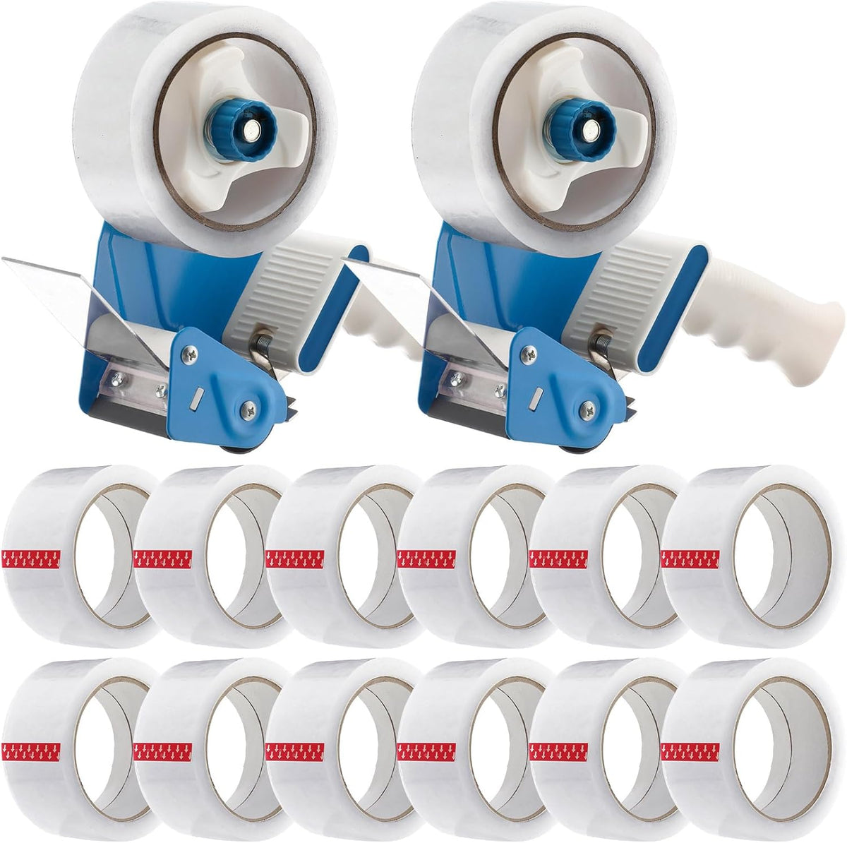 2 Pack Packing Tape Dispenser Gun with 12 Roll Packing Tape 2 Inch Gun 2.7 Mil Heavy Duty Packaging for Shipping, Moving, Carton and Box Sealing(Blue and White)